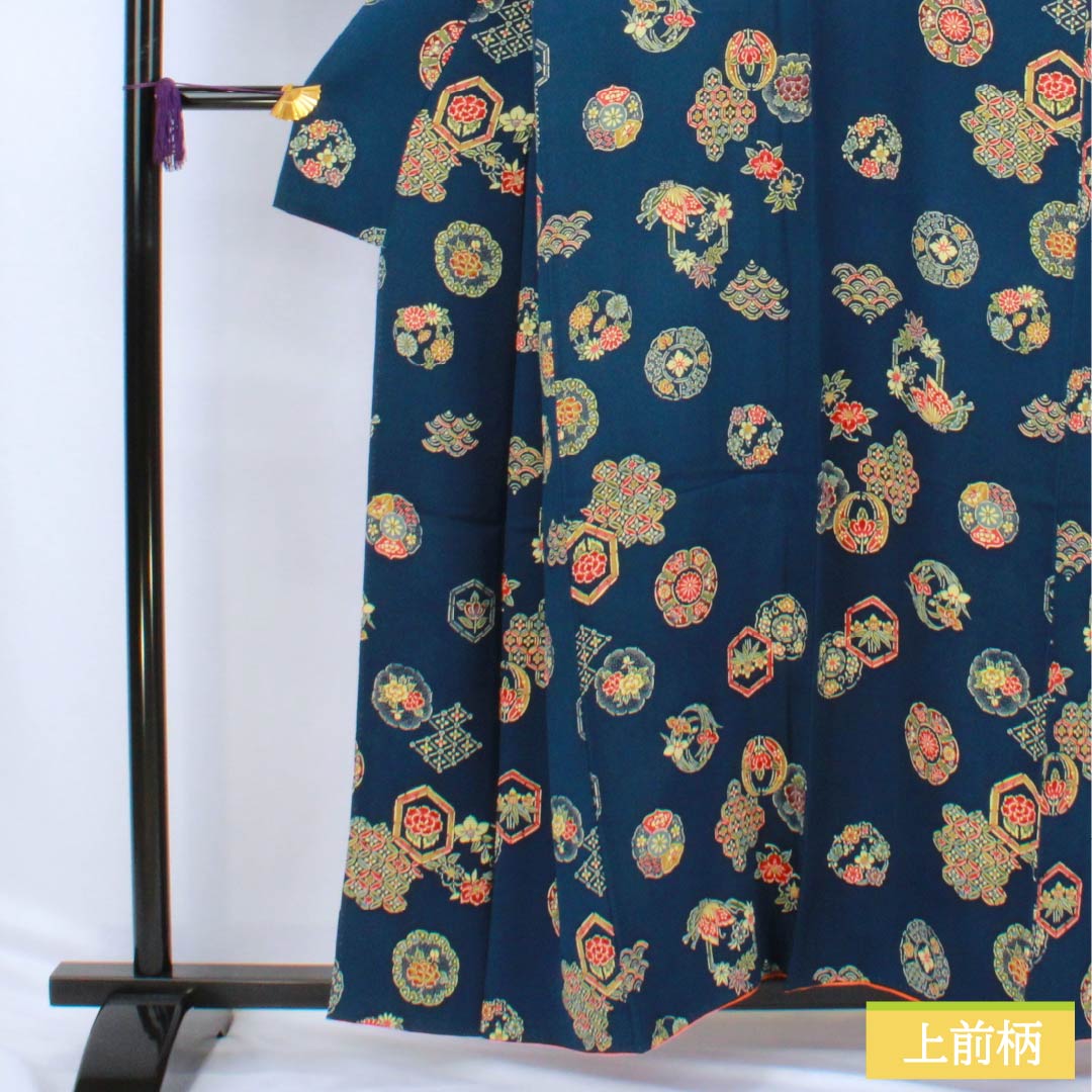 Komon (small pattern) silk, A-rank, length 157.5cm, sleeve length 63cm, lined, iron grape color, stencil dyeing, classic pattern, navy blue, 1115006543318