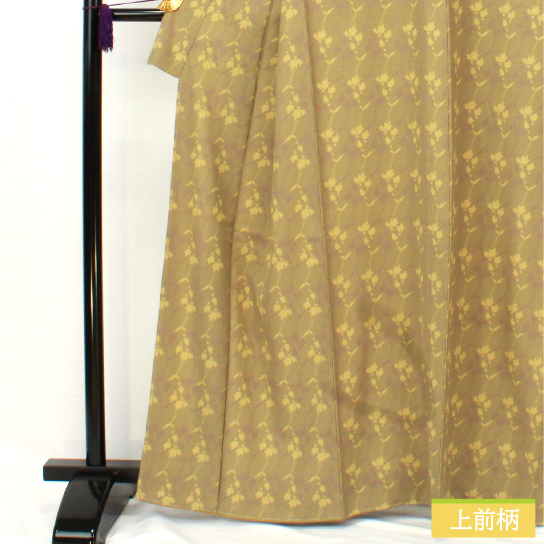 小紋 ポリエステル 身丈163cm 裄丈65cm 袷 紀州茶色(きしゅうちゃいろ) 洗える着物 抽象花 しつけ糸付き 未使用品 Sランク 緑系 1115004922419