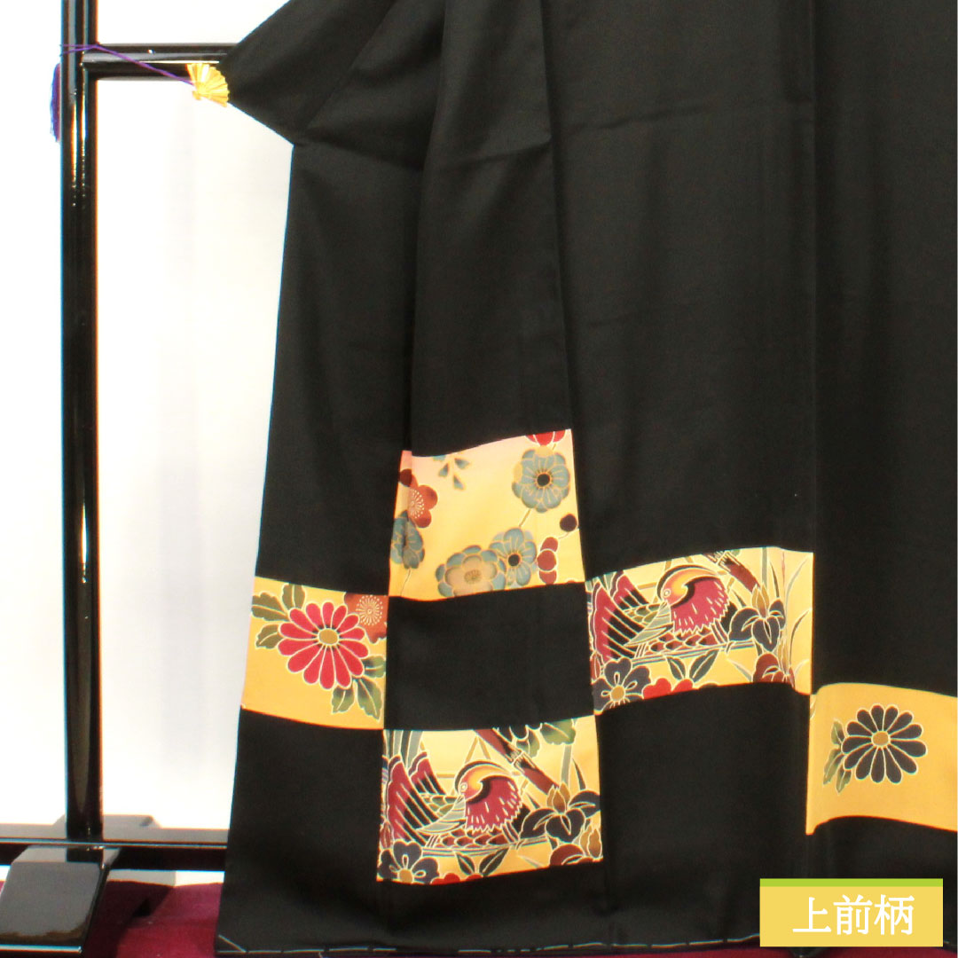 Homongi, pure silk, lined, length 169.5cm, sleeve length 69cm, inlay, Kyoto Bingata, one crest, S rank, black, 1112004192510