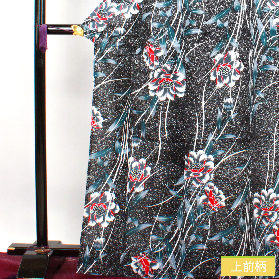 浴衣 木綿 身丈168.5cm 裄丈63cm Sランク 単衣 黒系 芍薬 1118004622510