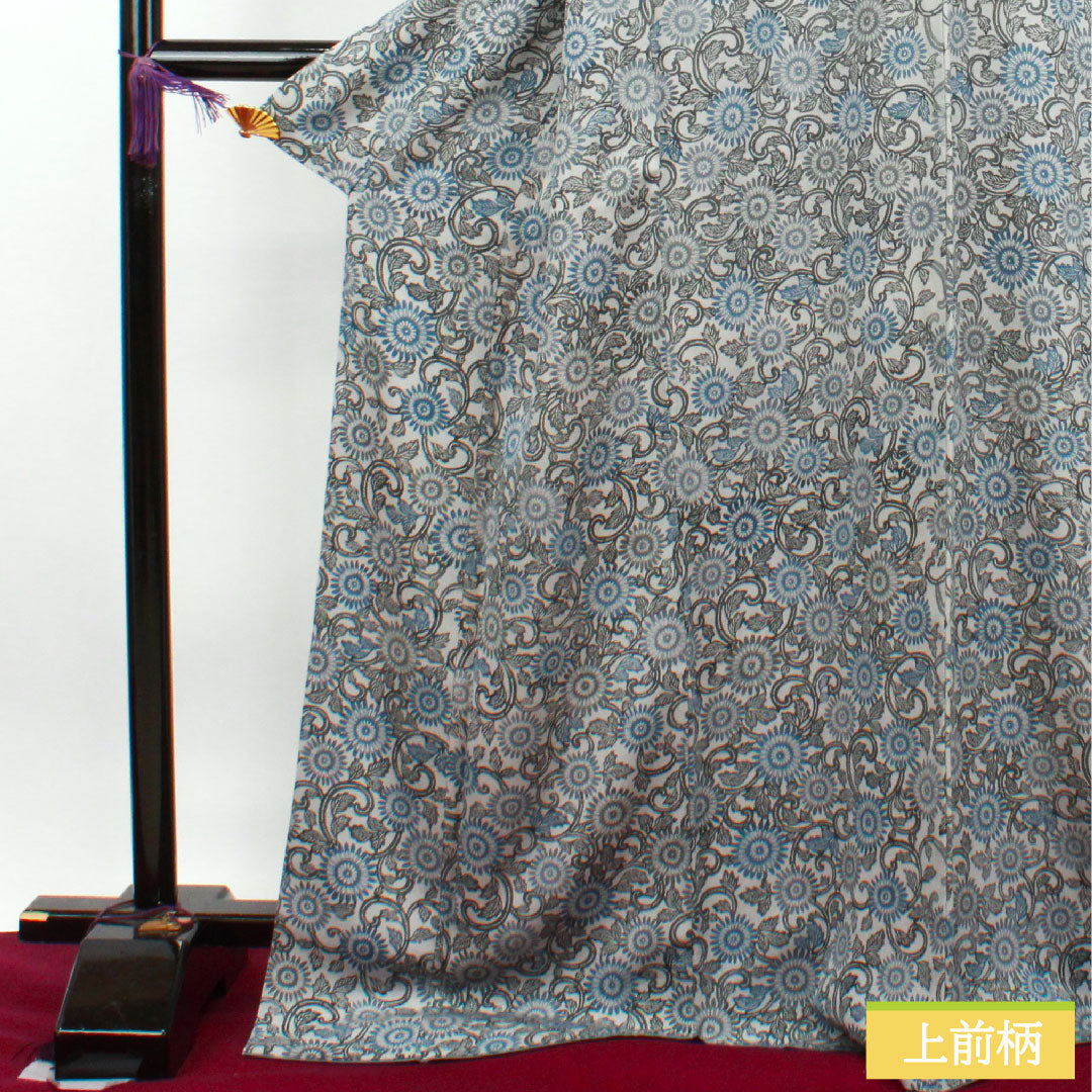 小紋 正絹 身丈172cm 裄丈64cm 袷 白銅色 京紅型 菊 Sランク グレー系 1115003572622