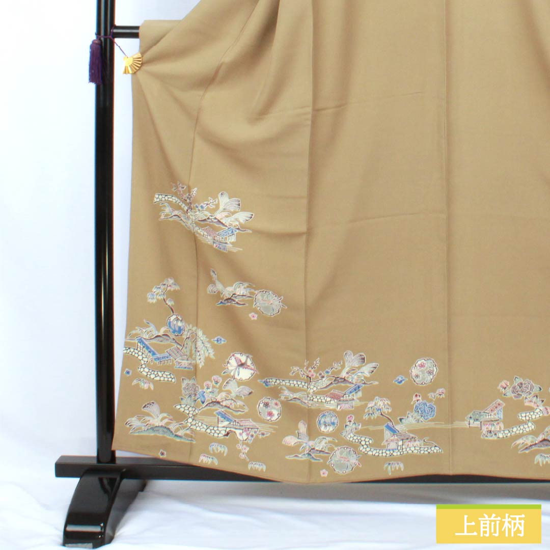 訪問着 正絹 Aランク 袷 身丈160cm 裄丈62.5cm 丁子煤竹色(ちょうじすすたけいろ) 琉球紅型 雪輪 鳳凰 風景 パールトーン加工 ベージュ系 1112007273425