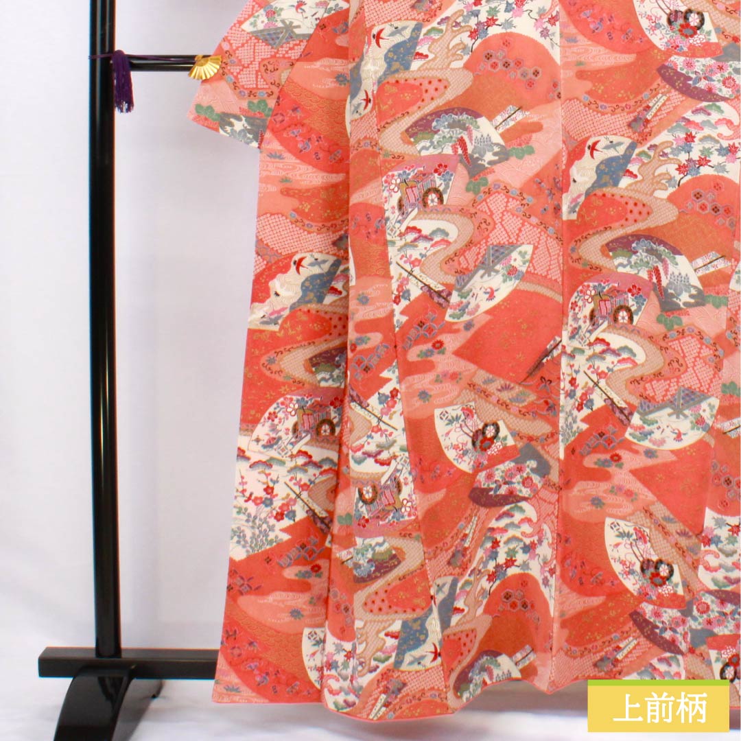 Komon silk kimono, S rank, length 159cm, sleeve length 66.5cm, lined, medium crimson (nakabeniiro) and scarlet (hiiro) with a fan-shaped classic pattern, red tones, product number 1115006672312