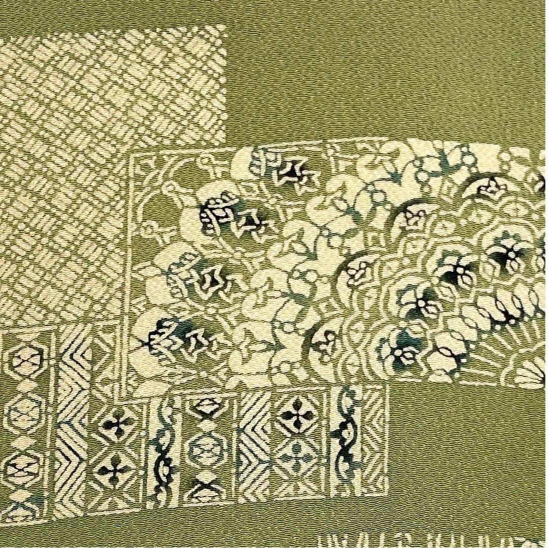 名古屋帯 麹塵色 草木染 抽象模様 帯丈379cm 正絹 美品 ポイント柄 カジュアル 緑系 1124004022319 名古屋仕立て