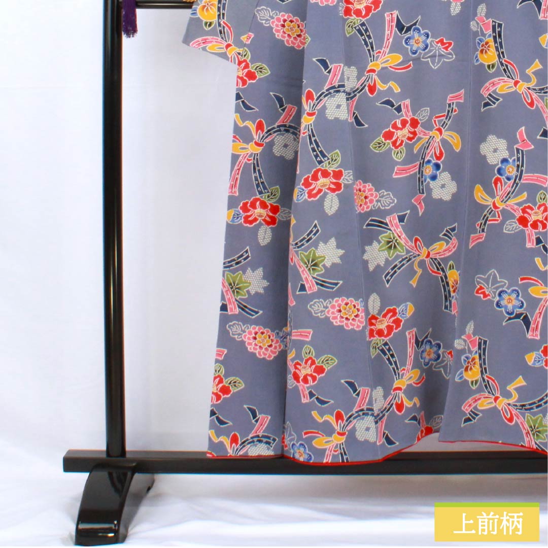 小紋 正絹 身丈152.5cm 裄丈62cm 袷 江戸納戸色(えどなんどいろ) 型染 紅型調 熨斗 椿 Bランク 青系 1115005604217