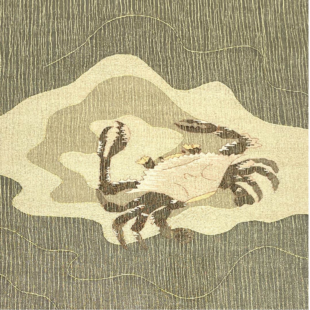 名古屋帯 消炭鼠色 カニ柄 帯丈375cm 正絹 Sランク ポイント柄 セミフォーマル グレー系 1124005062322 名古屋仕立て