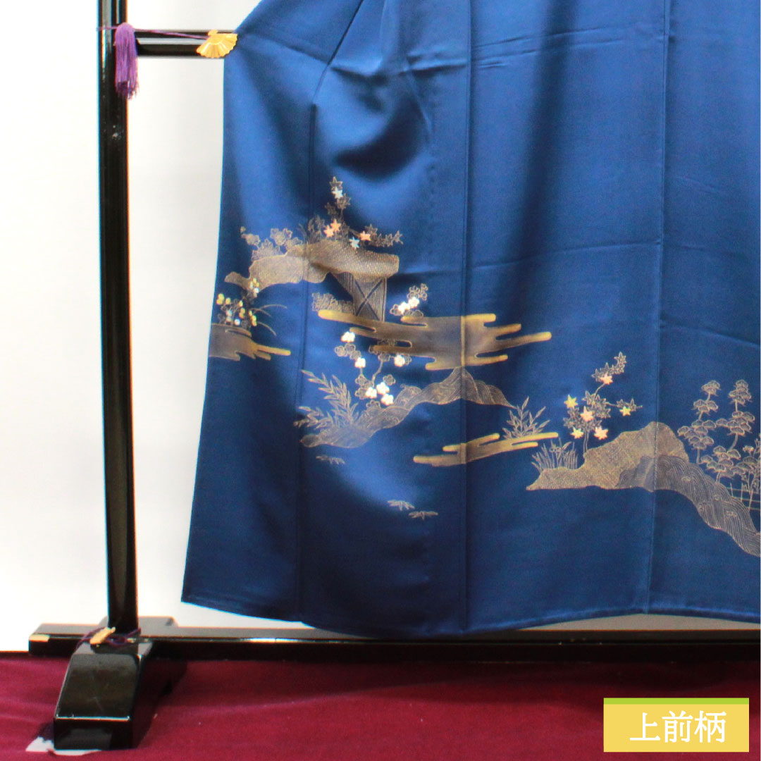 訪問着 正絹 単衣 身丈154.5cm 裄丈63.5cm 濃桔梗色 金彩加工 草花模様 Sランク 紺系 1112003352218