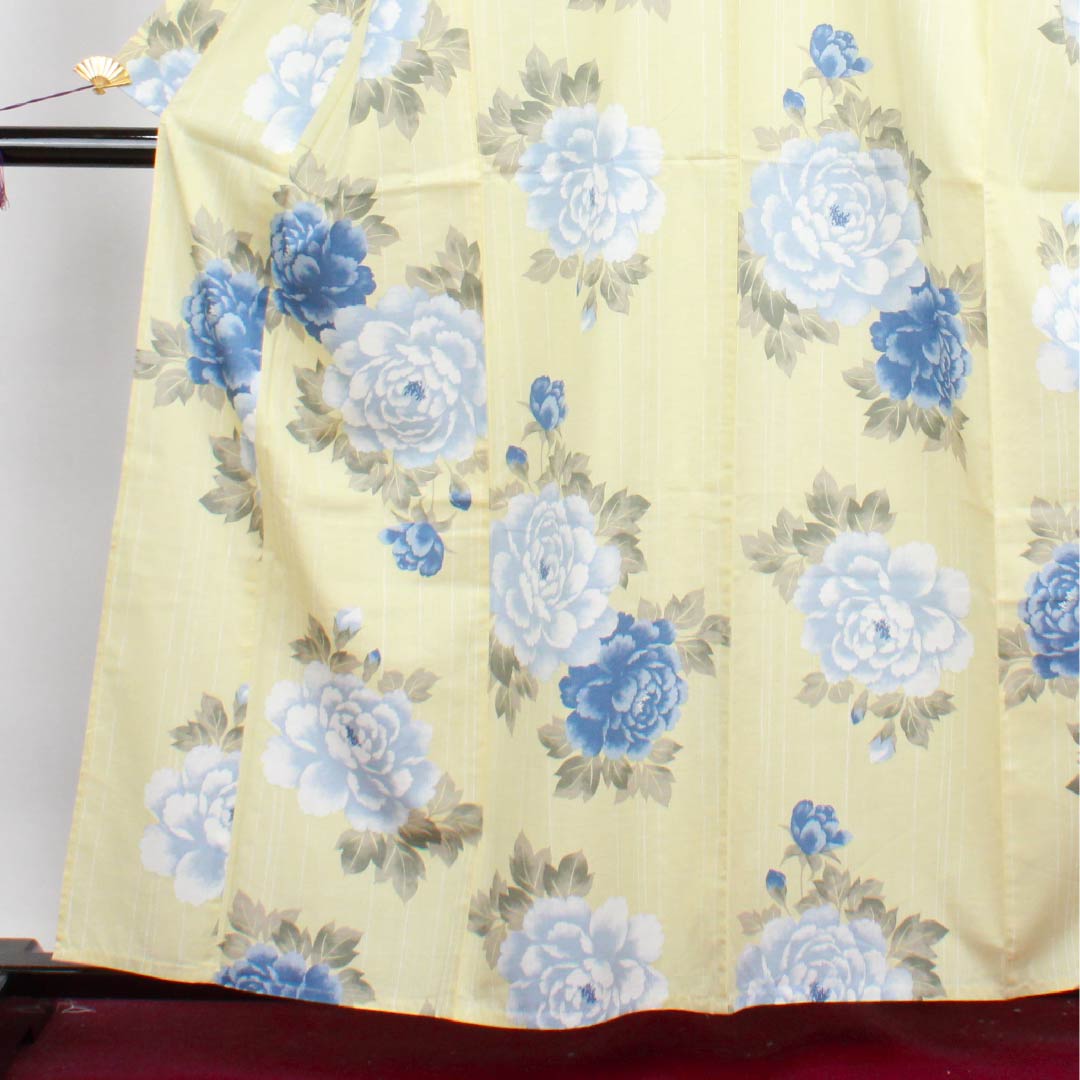 浴衣 薄黄蘗色 牡丹木綿 Sランク 単衣 身丈161.5cm 裄丈66cm 黄系 1118004442423