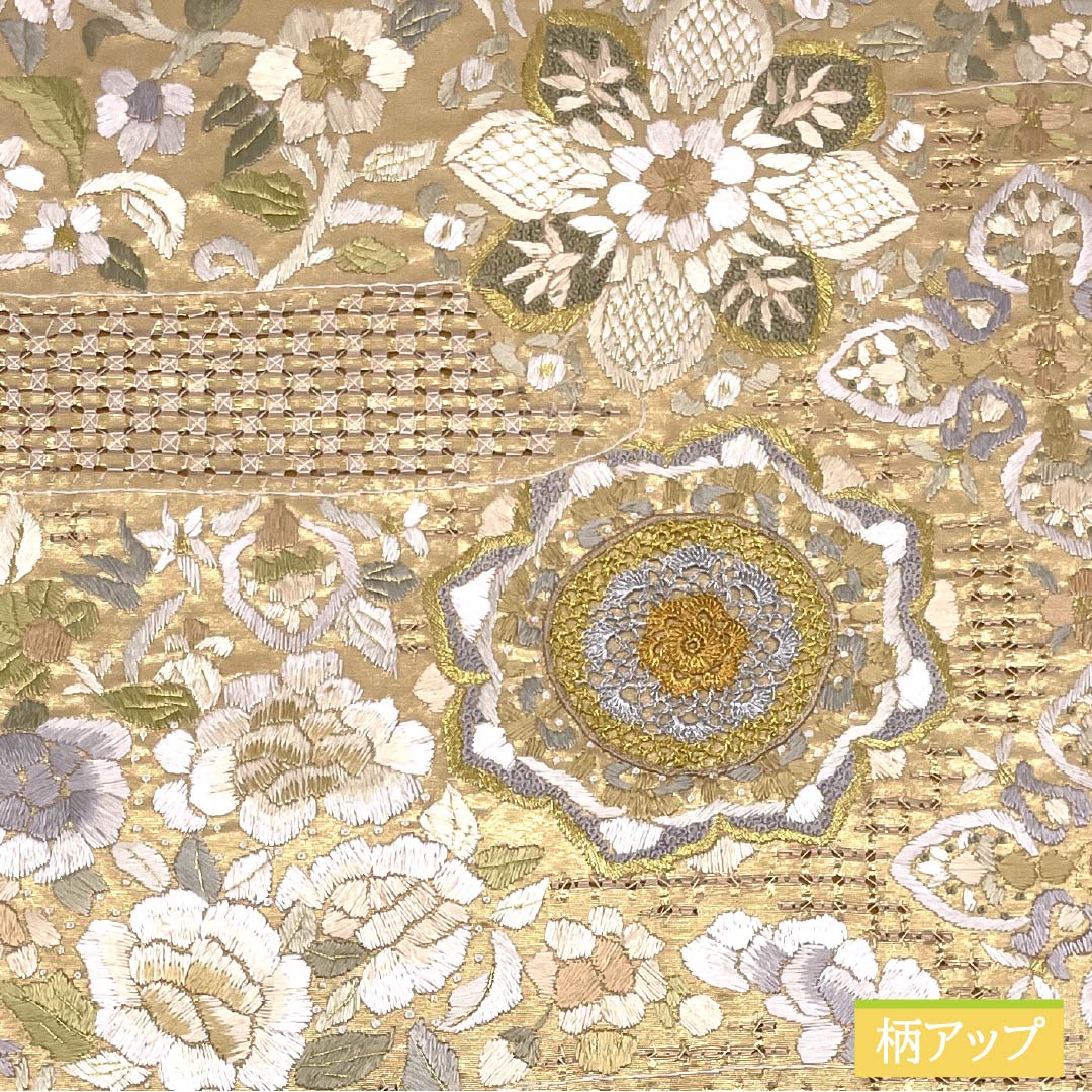 袋帯 正絹 胡桃色(くるみいろ) 唐花 スワトウ刺繍 華文 帯丈444cm Sランク 六通 フォーマル ベージュ系 1123014142325