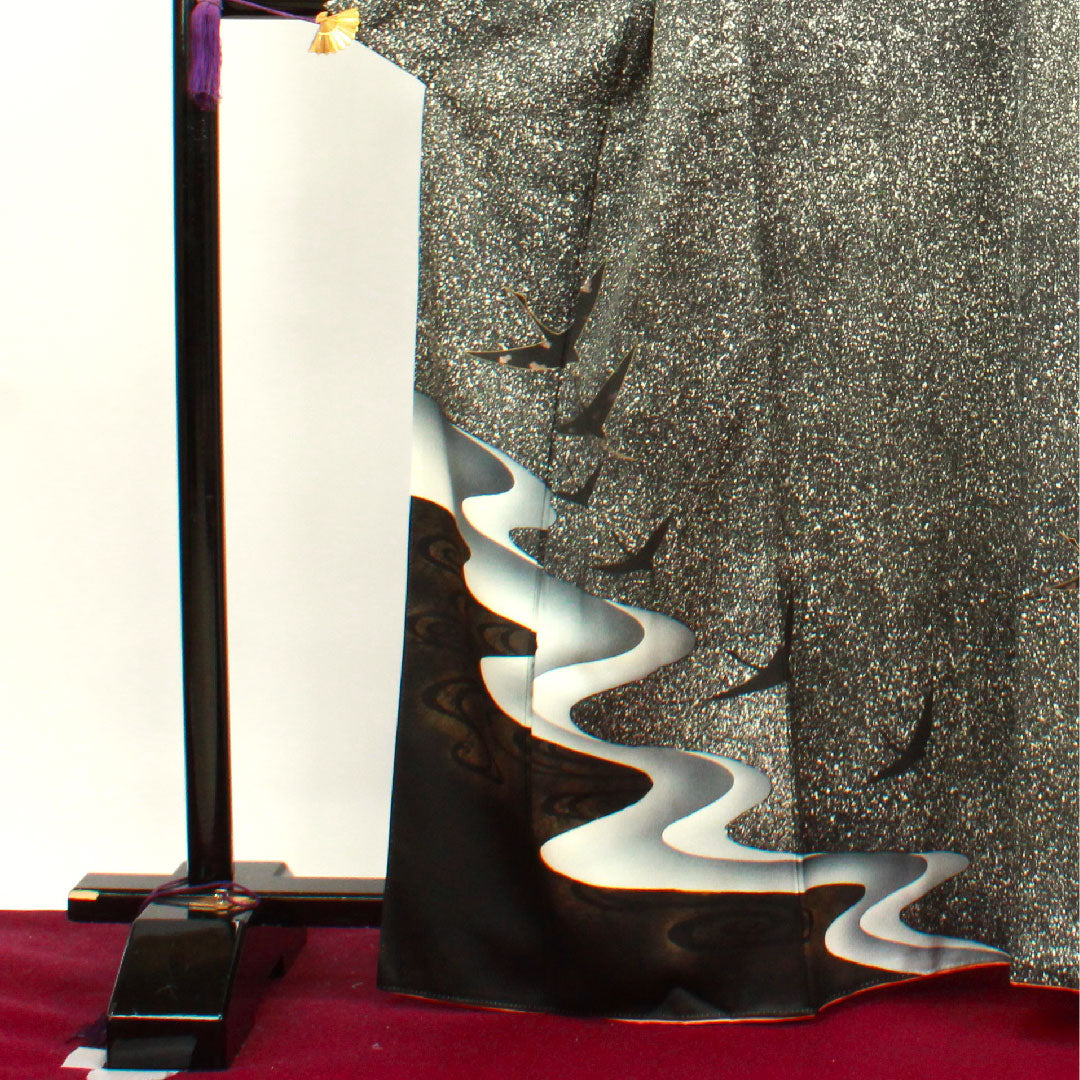 訪問着 袷 身丈165cm 裄丈65cm タタキ染 鶴 五三桐 正絹 Sランク 黒系 1112002592510