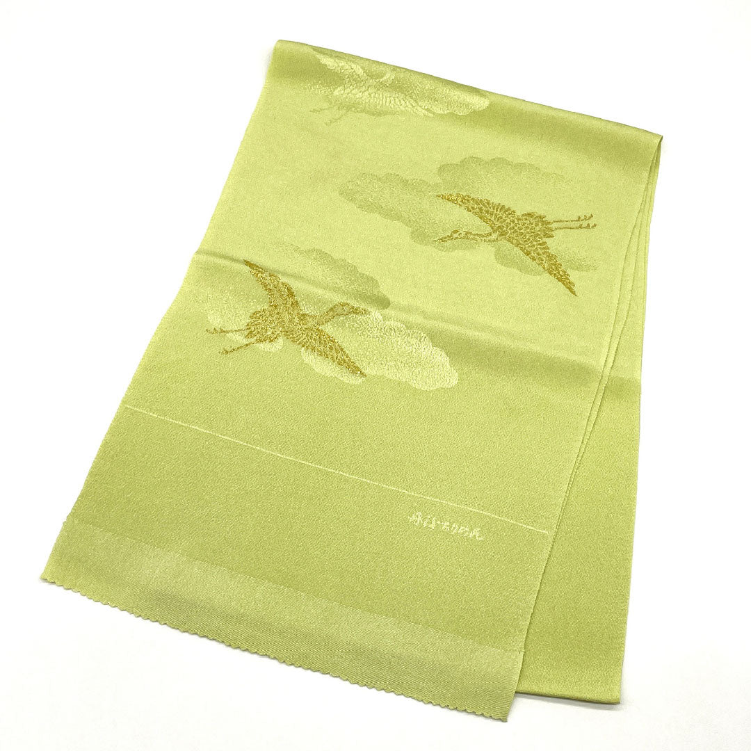 (新古品)帯揚げ 正絹 NEWランク セミフォーマル 若芽色(わかめいろ) 丹後ちりめん 鶴 雲 長さ約170cm 幅約28.5cm 緑系 1136001231919