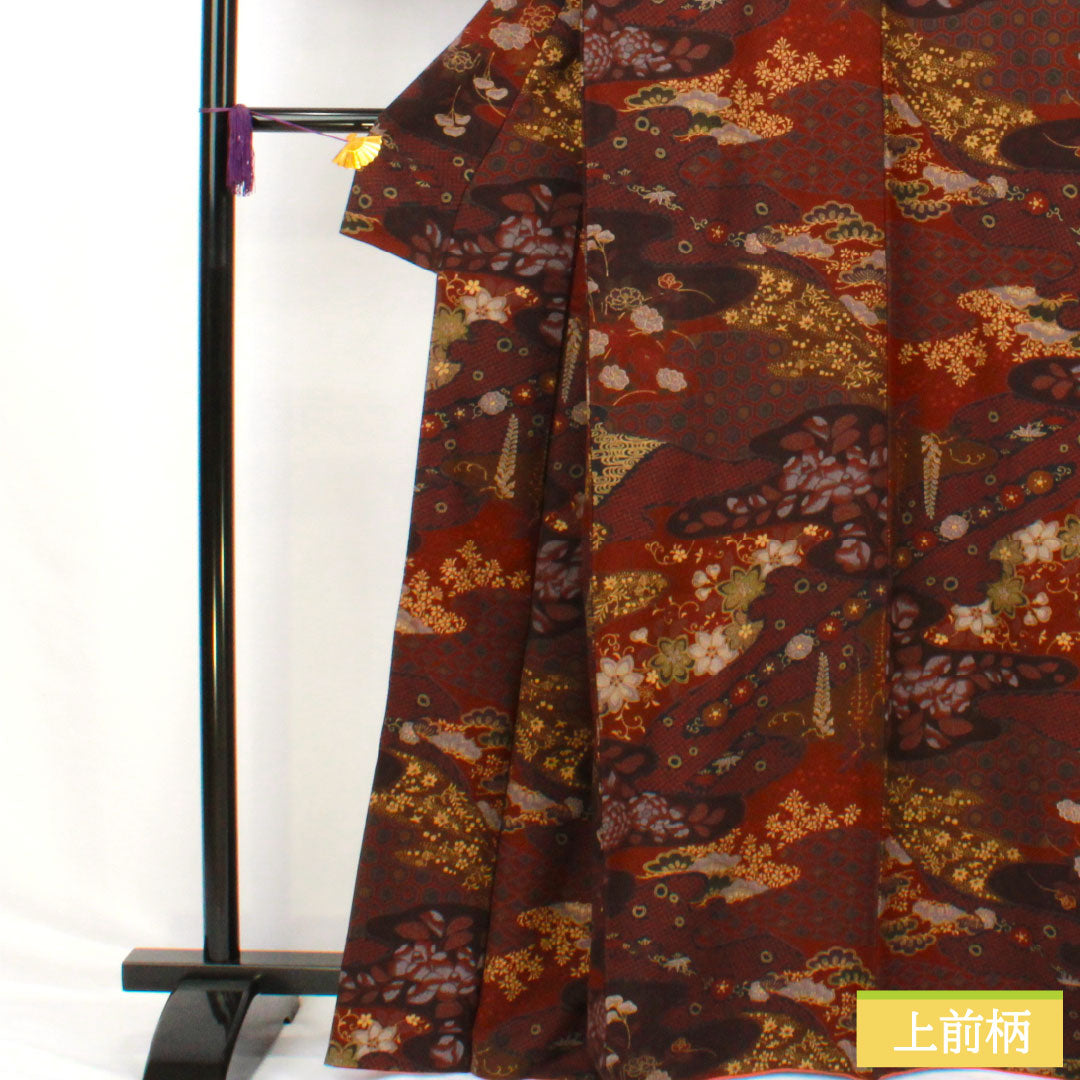 小紋 正絹 Sランク 身丈164.5cm 裄丈64.5cm 袷 小豆茶色(あずきちゃいろ) 辻ヶ花 ザ・スーパーシルク スコッチガード加工 茶系 1115007632414