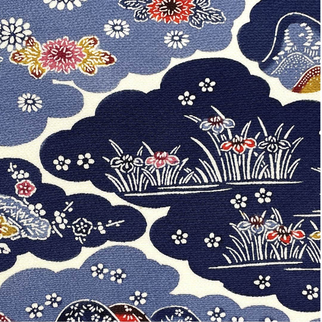 名古屋帯 韓藍色 草花模様 ちりめん地 帯丈337cm 正絹 Bランク ポイント柄 カジュアル 青系 1124004522317 名古屋仕立て