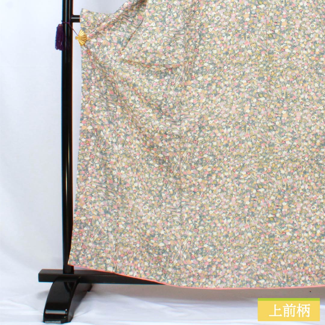 小紋 正絹 Sランク 身丈160cm 裄丈65cm 袷 深川鼠色(ふかがわねずいろ) 総花 緑系 1115007762419