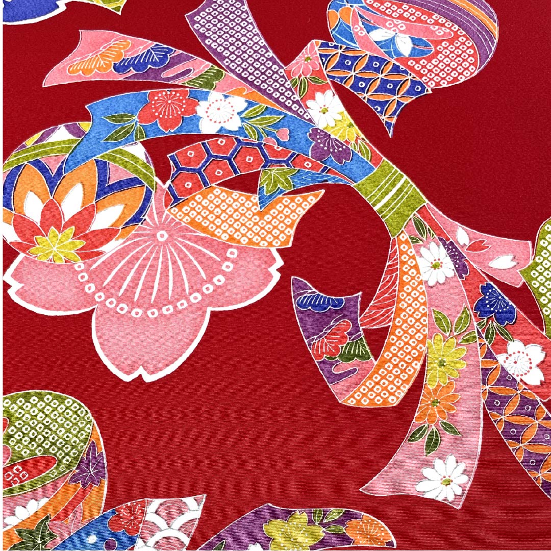 反物 小紋 正絹 紅赤色(べにあかいろ) 丹後ちりめん 束ね熨斗 毬 NEWランク 赤系1130001041912