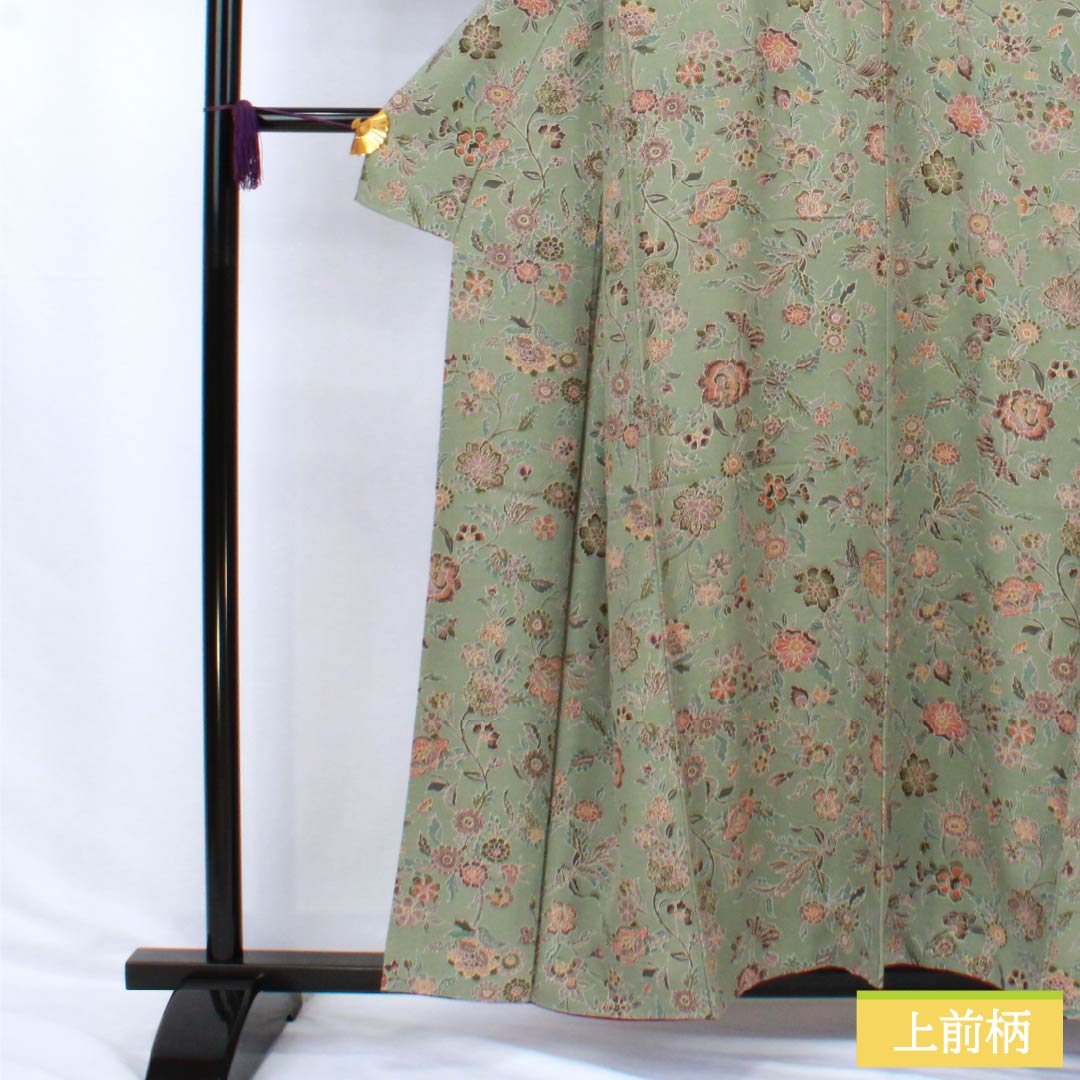 小紋 正絹 Sランク 身丈156.5cm 裄丈63cm 袷 利休鼠色(りきゅうねずみいろ) 更紗 緑系 1115007162319