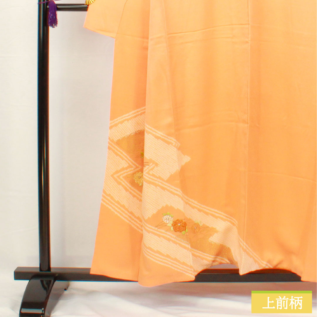 訪問着 正絹 袷 身丈154cm 裄丈64cm 朱華色(はねずいろ) 部分絞り 部分刺繡 菊 Aランク 橙系 1112005403226
