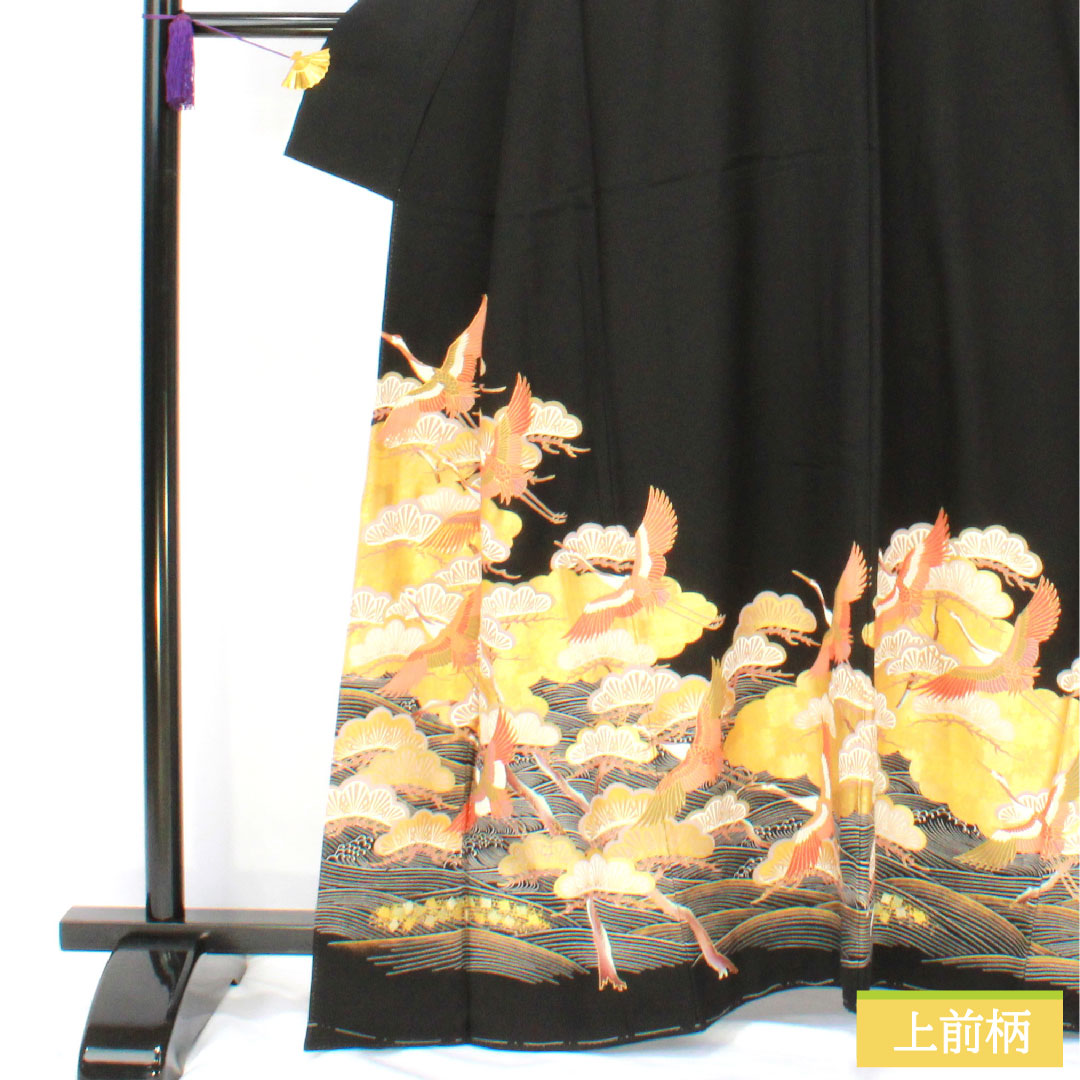 Black formal kimono, pure silk, length 162.5cm, sleeve length 64cm, lined, Kyoto Yuzen, crane, pine, artist's work, five crests, five-three paulownia, A rank, black, 1111001623410