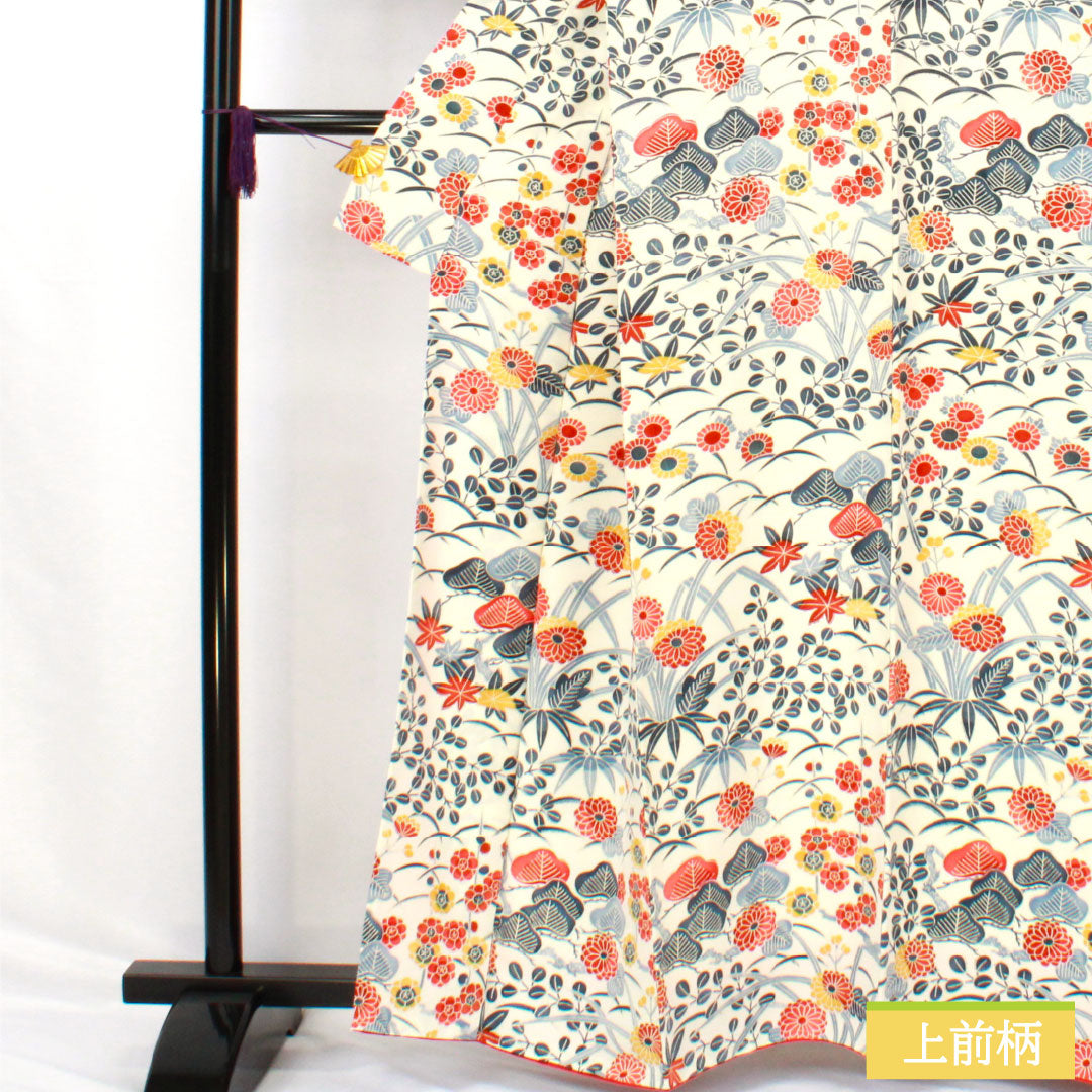 小紋 正絹 Sランク 身丈161cm 裄丈63cm 袷 京紅型 菊 萩 松 しつけ糸付き 白系 1115007602411