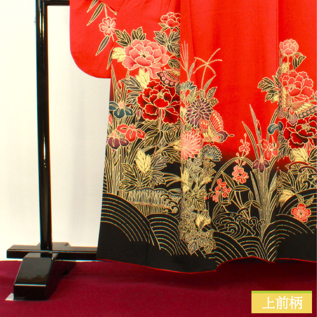 振袖 正絹 身丈158.5cm 裄丈63.5cm 袷 赤紅色 京紅型 吉祥文様 Aランク 赤系 1113001933312