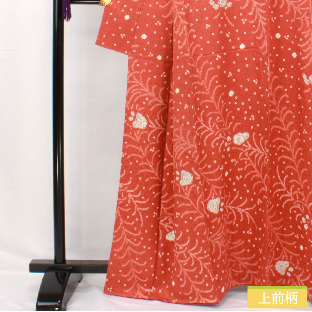 小紋 正絹 身丈163cm 裄丈65cm 袷 緋銅色(ひどうしょく) 絞り 辻ヶ花 Sランク 朱系 1115005242416