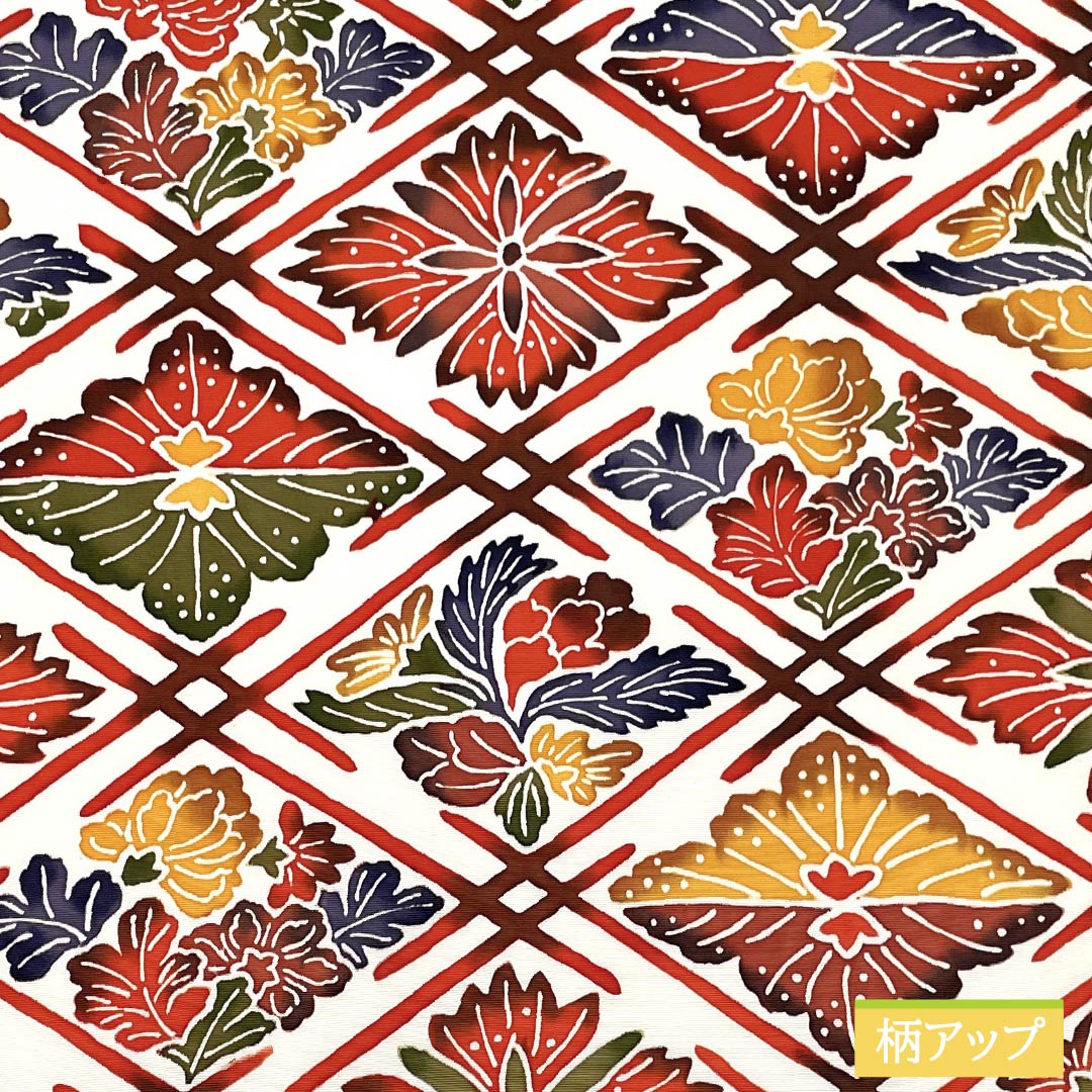 名古屋帯 型染 紅型調模様 繋ぎ菱 帯丈359cm 正絹 Aランク 全通 カジュアル 白系 1124006573311 名古屋仕立て