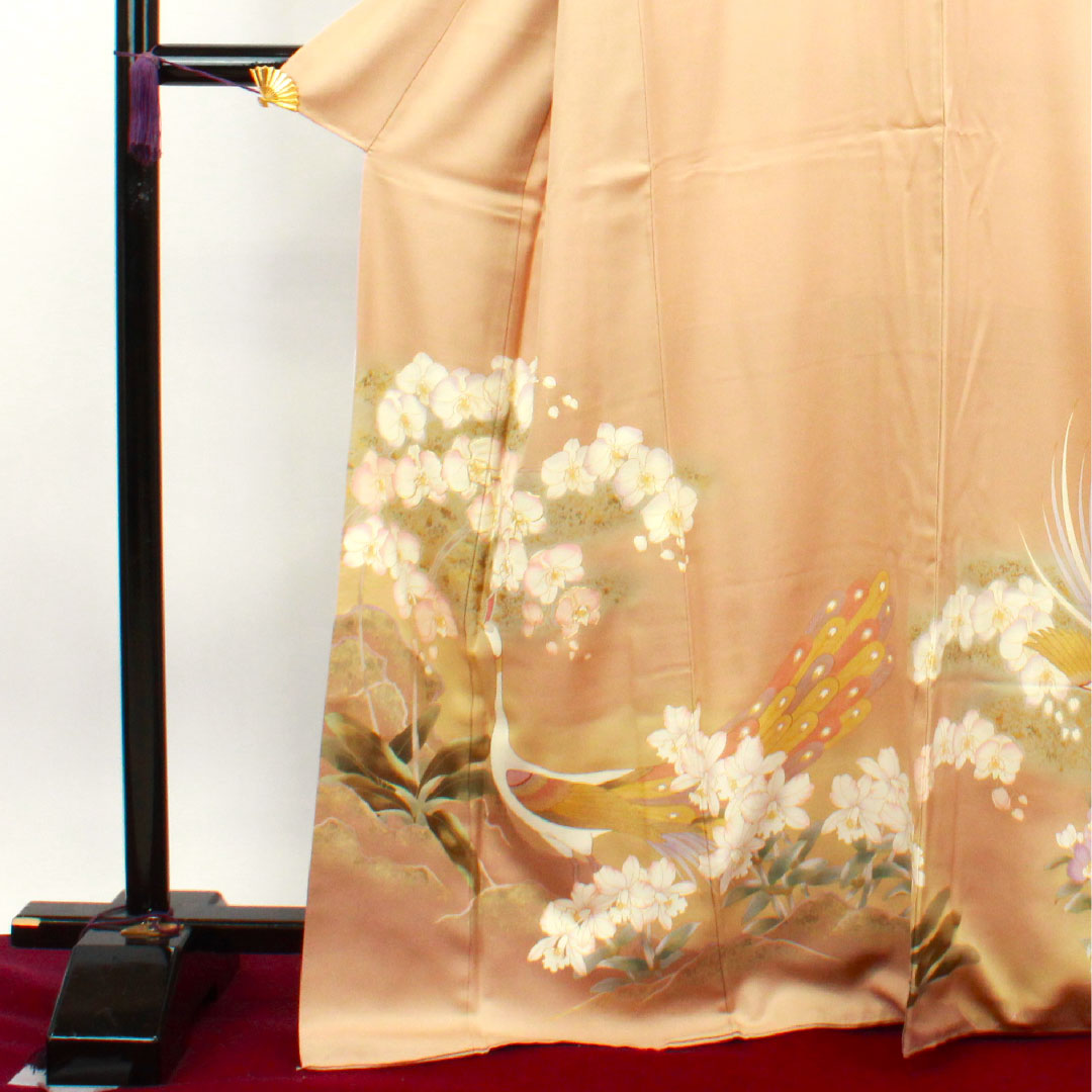 Colored Tomesode, Length 164.5cm, Sleeve Length 69cm, Lined, Walnut, Kyo-Yuzen, Peacock, Orchid, Three-Floor Diamond, Pure Silk, S Rank, One Crest, Beige, 1111001172425