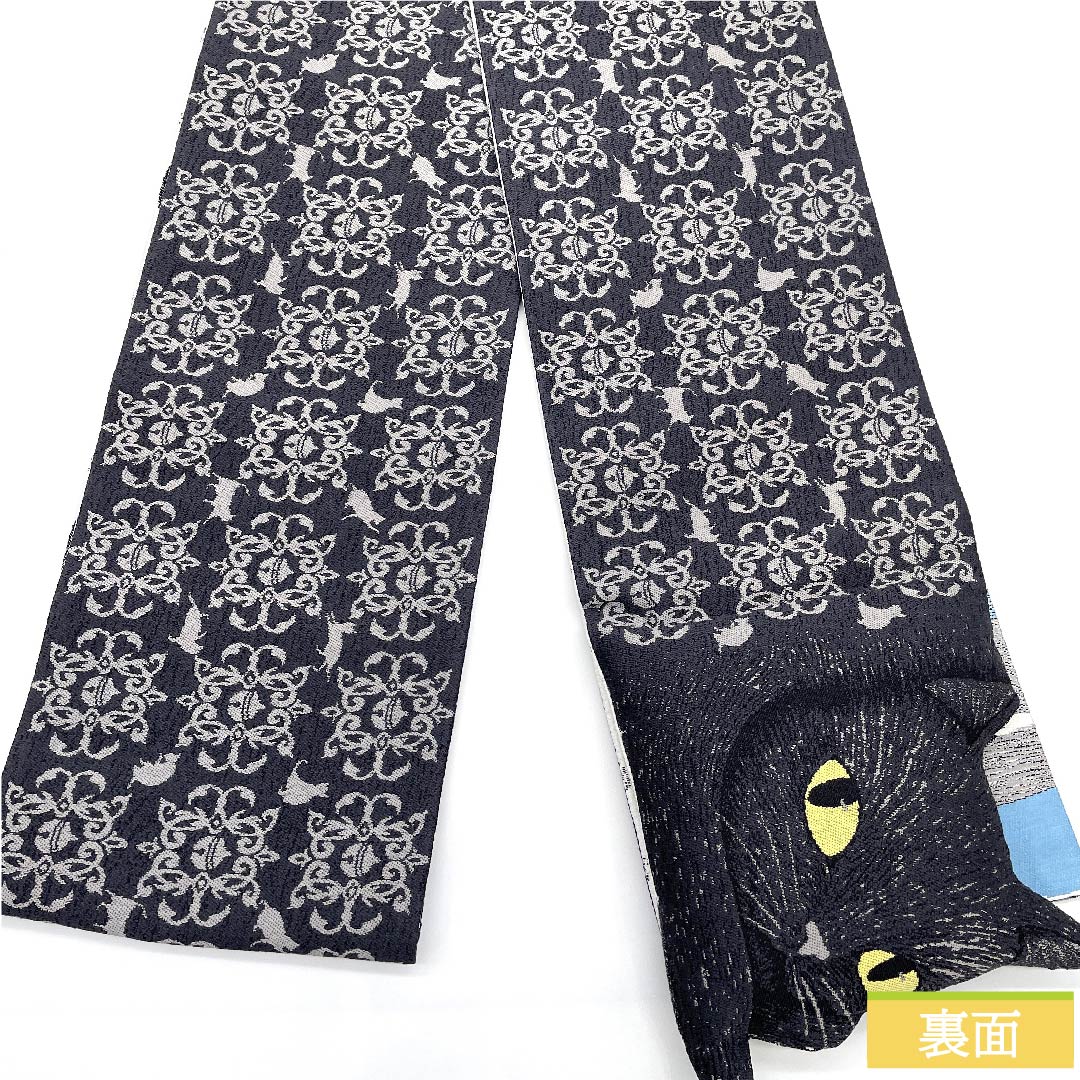 半幅帯 灰色(はいいろ) 動物柄 猫 リバーシブル 長尺 綿入り 帯丈445cm 正絹 グレー系 NEWランク 1125000761922