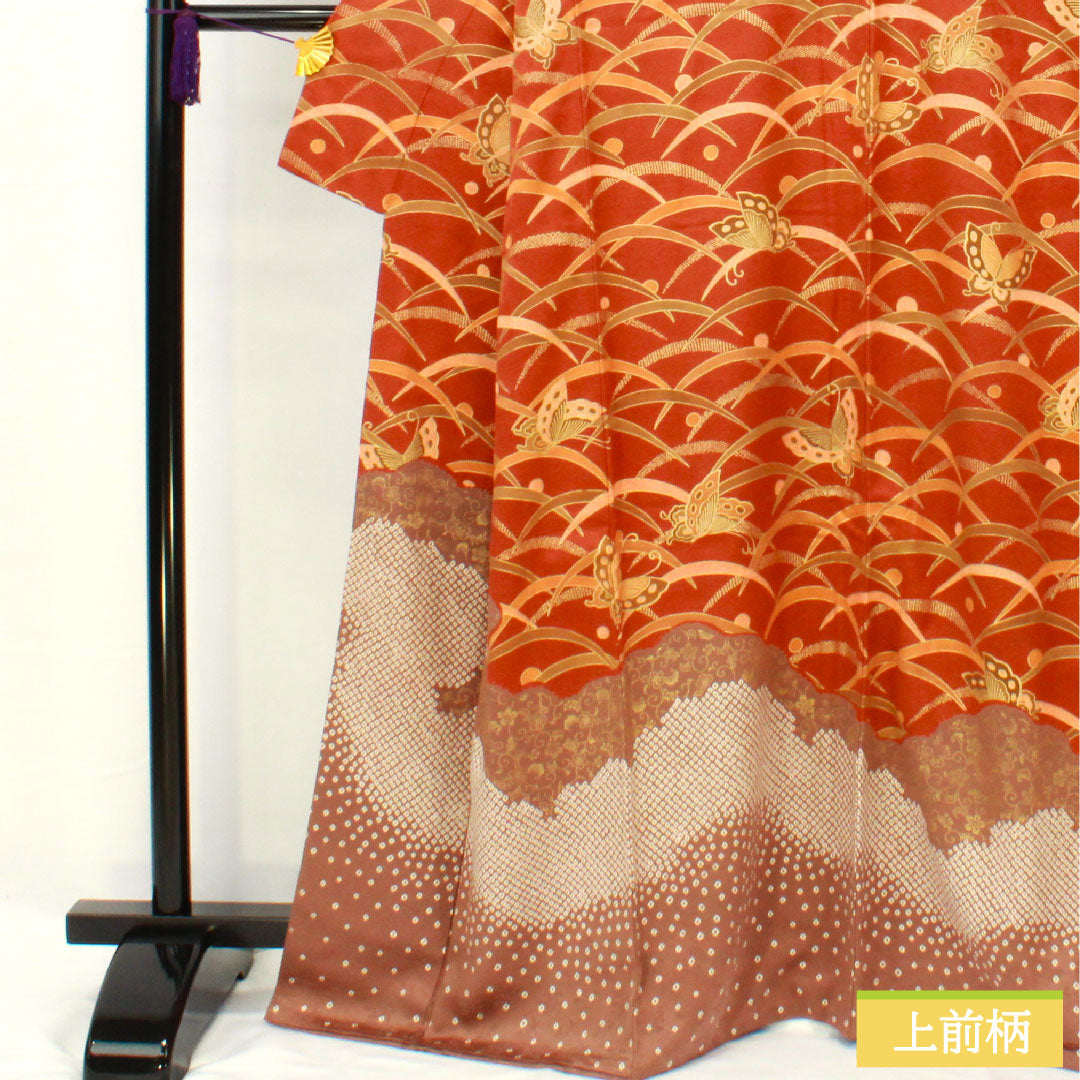 訪問着 正絹 袷 身丈163.5cm 裄丈64.5cm 暁鼠色(あかつきねずいろ) 京友禅 蝶 露芝 Sランク 茶系 1112004922414