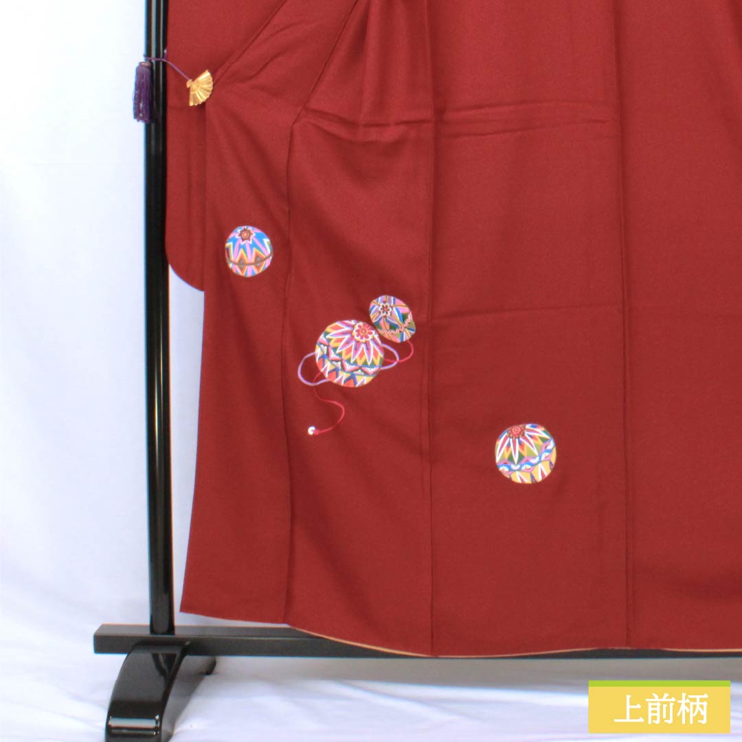 振袖 正絹 Sランク 身丈157cm 裄丈64cm 袷 臙脂色(えんじいろ) 蘇州刺繡 手毬 赤系 1113002802312