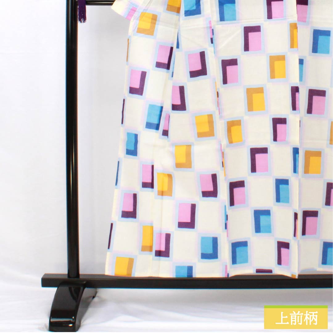 浴衣 木綿 身丈154cm 裄丈64cm Aランク 単衣 白系 ブロック柄 1118005383211