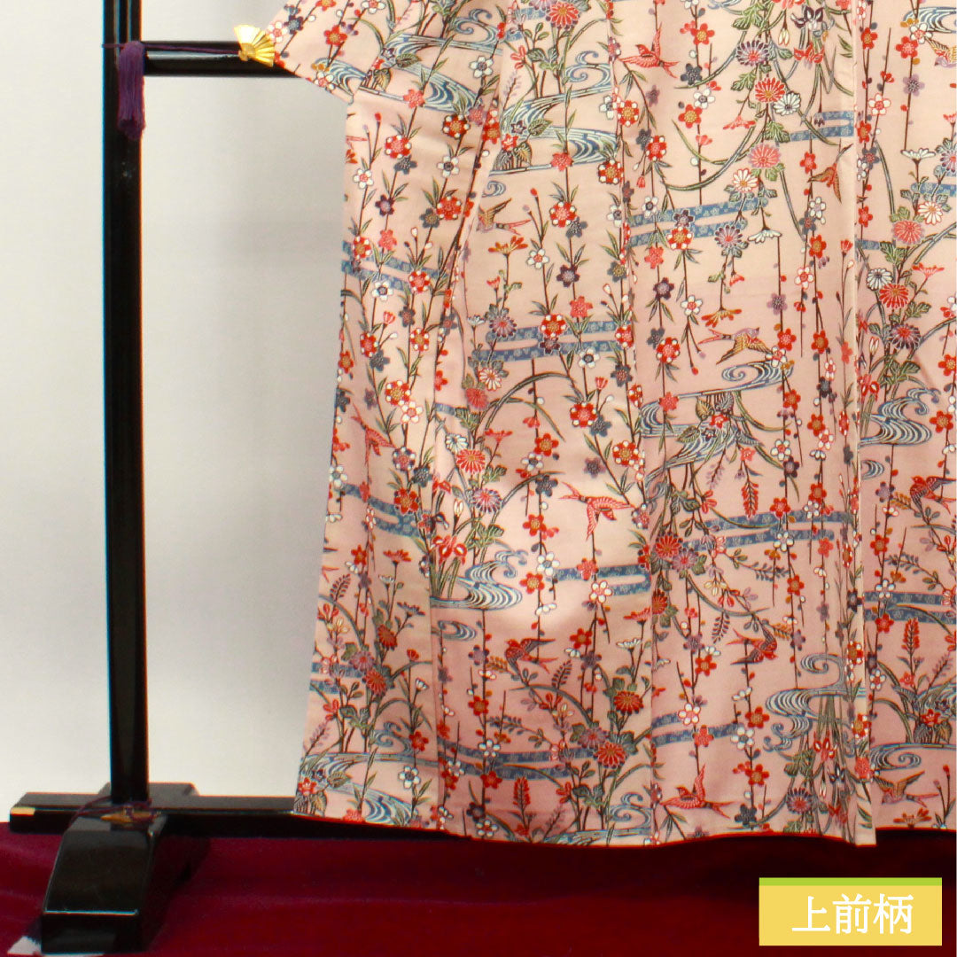 小紋 正絹 身丈159cm 裄丈64cm 袷 乙女色 京紅型 吉祥文様 紬地 しつけ糸付き 未使用品 Sランク ピンク系 1115003692313