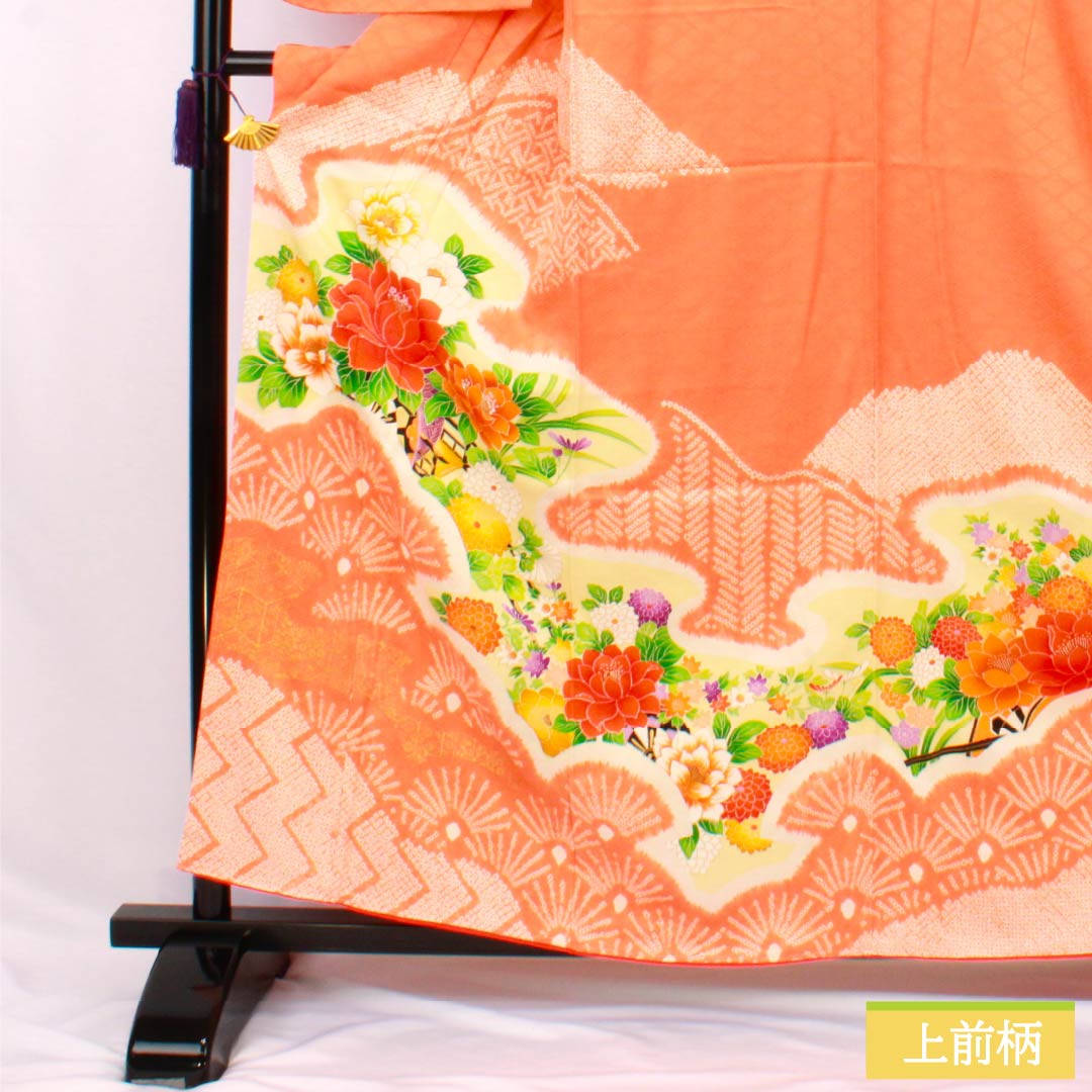 訪問着 正絹 Aランク 袷 身丈158cm 裄丈62cm 赤橙色(あかだいだいいろ) 京友禅 絞り 吉祥文様 入子菱 花 橙系 1112007513326
