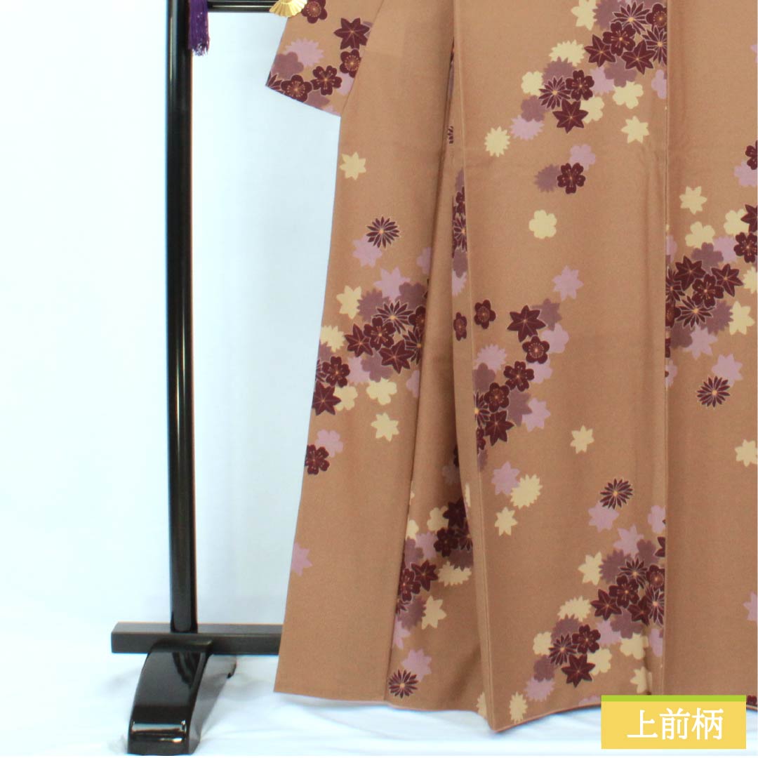 小紋 ポリエステル 身丈164.5cm 裄丈66.5cm 袷 猟虎茶色(らっこちゃいろ) 吹き寄せ 洗える着物 Sランク 茶系 1115005802414