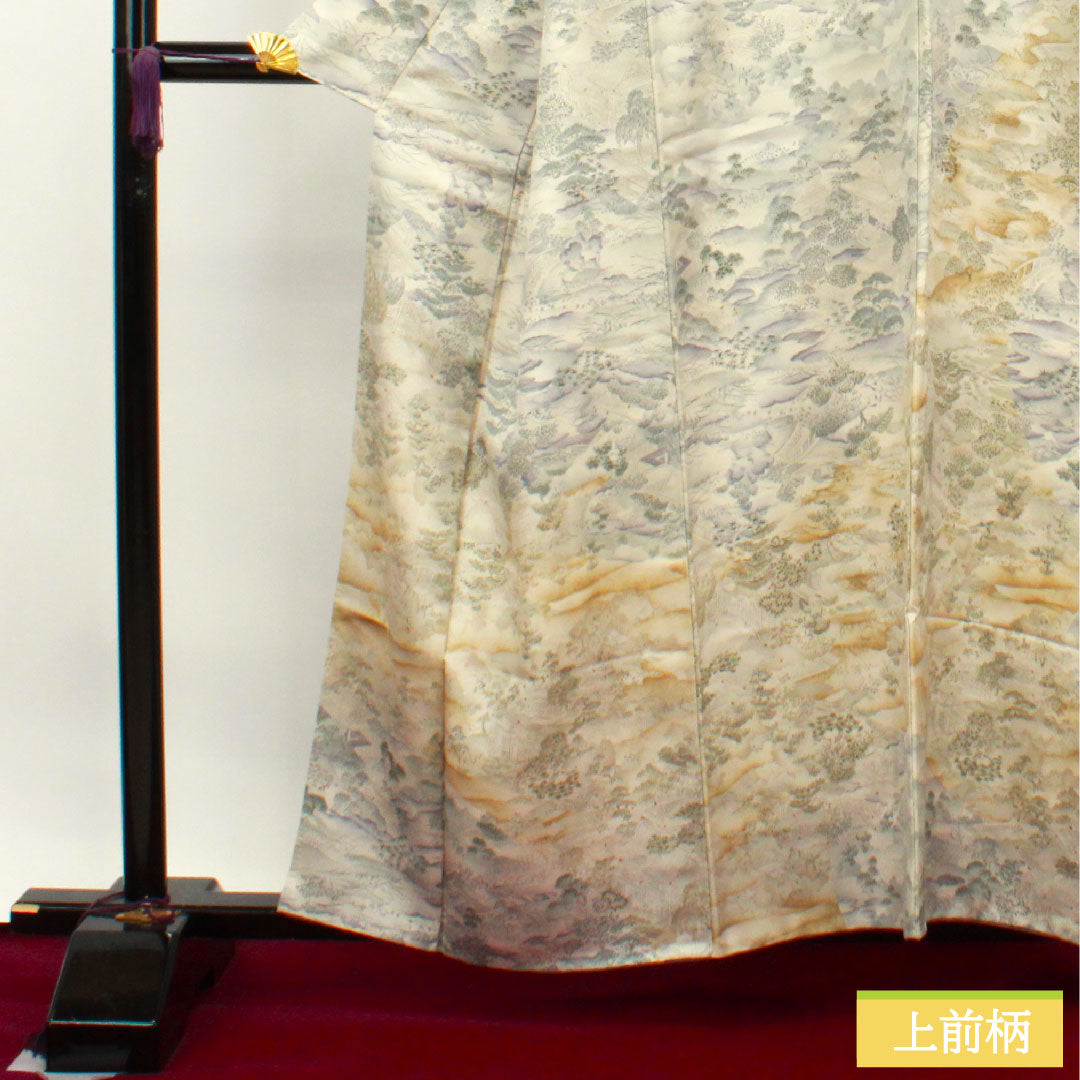 小紋 正絹 身丈159cm 裄丈65.5cm 袷 銀白色 風景模様 しつけ糸付き 未使用品 Sランク グレー系 1115003722322