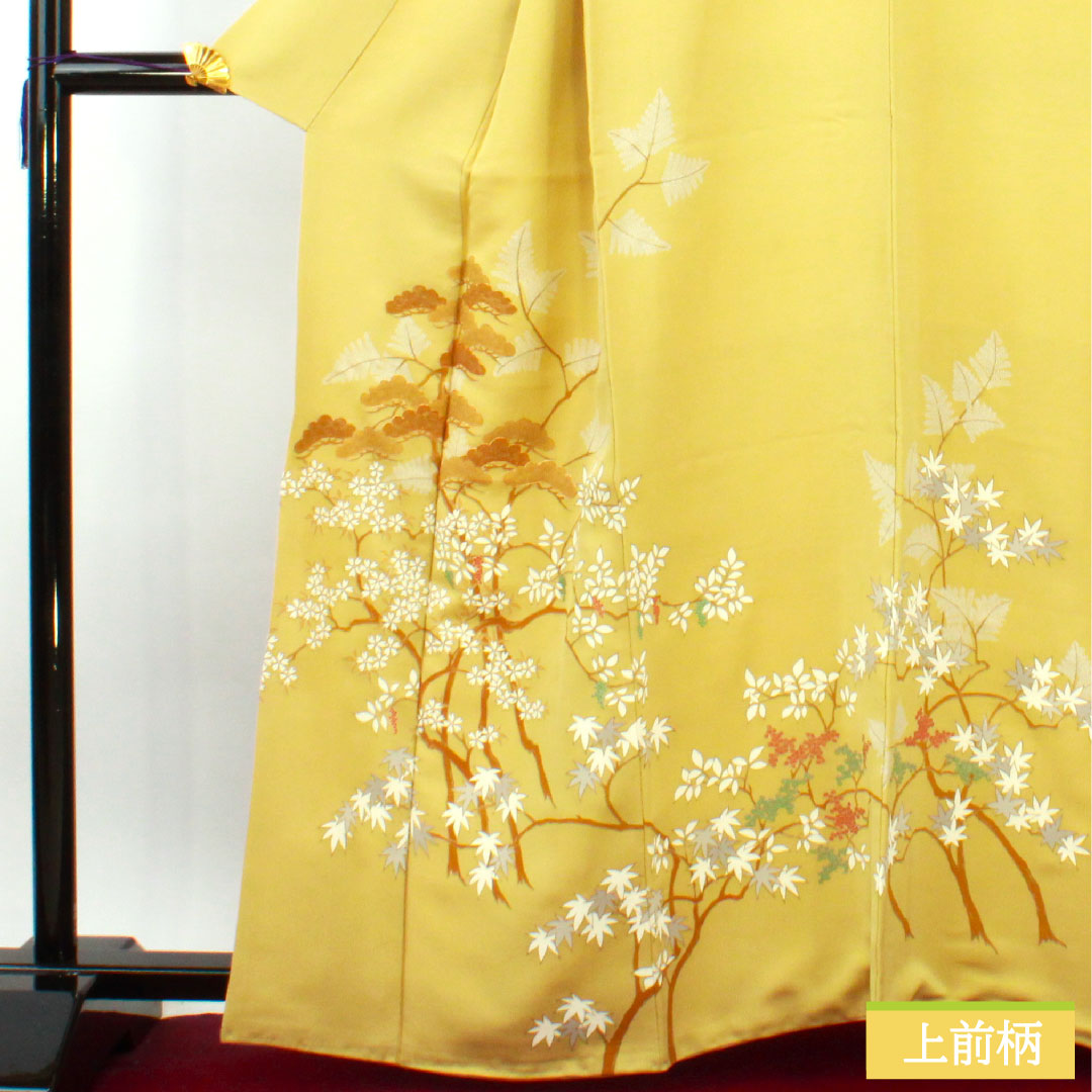 訪問着 正絹 袷 身丈164cm 裄丈64cm 窃黄色(せっこういろ) 京友禅 秋草模様 一つ紋 五本末広扇 Aランク 黄系 1112004323423
