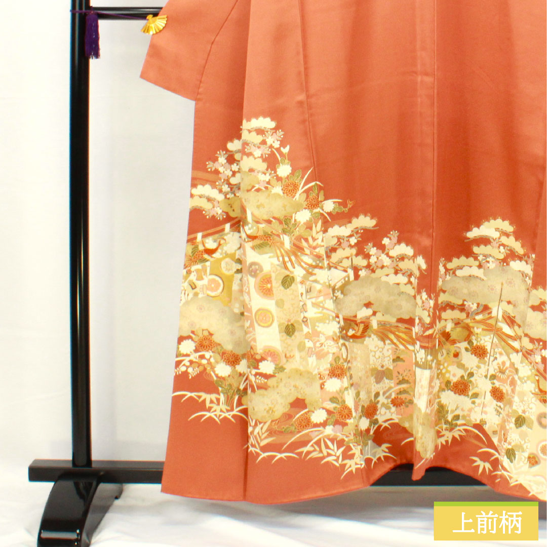 色留袖 正絹 身丈157cm 裄丈63cm 袷 珊瑚色(さんごいろ) 京友禅 桜 松竹梅 一つ紋 星梅鉢 重ね衿付き Aランク 橙系 1111001513326
