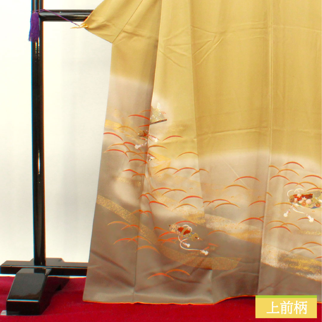 訪問着 袷 身丈167cm 裄丈66cm 芽色 京友禅 露草 巻物 一つ紋 剣片喰 正絹 Aランク 黄系 1112003933523