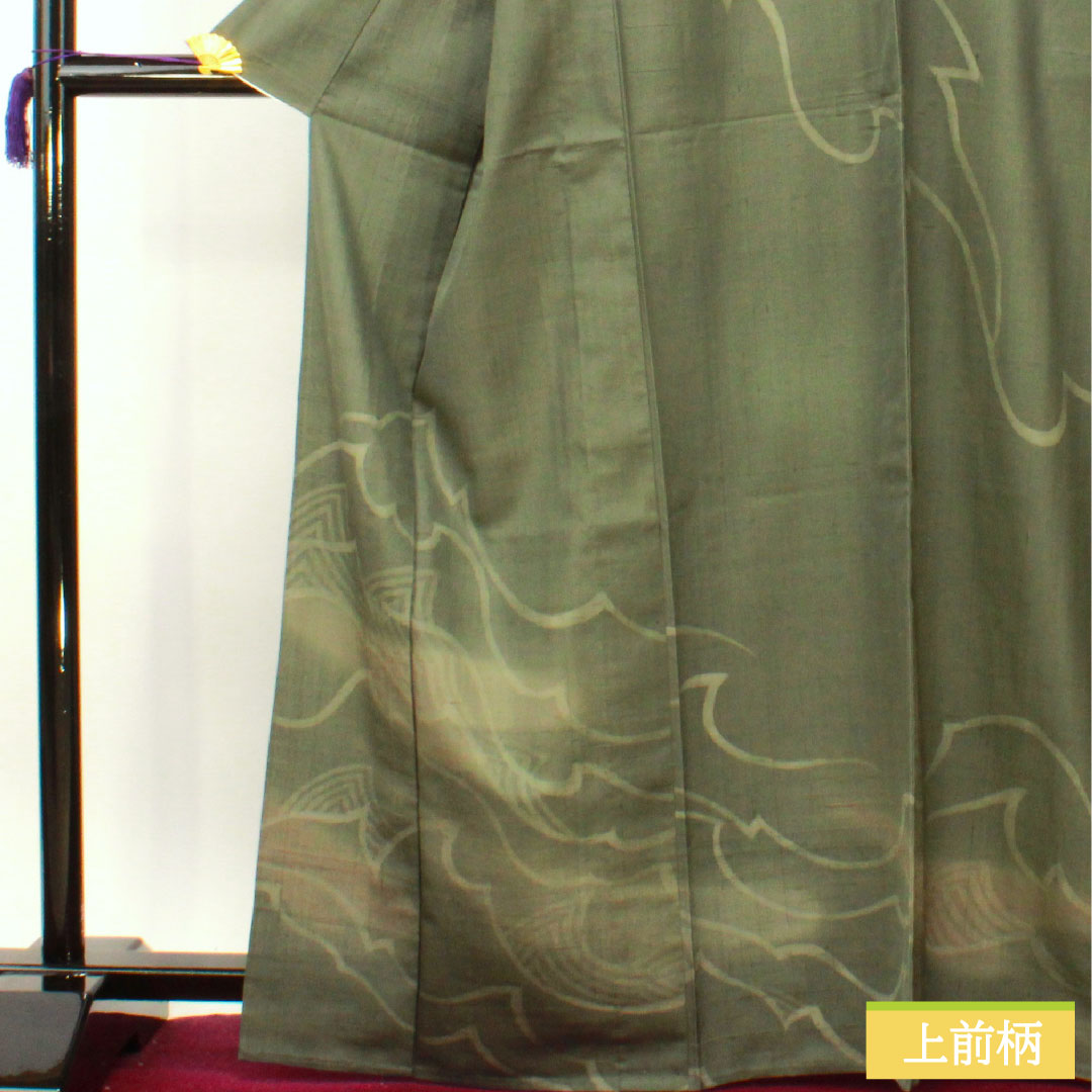 訪問着 正絹 単衣 身丈168.5cm 裄丈66.5cm 鈍色(にびいろ) 紬地 抽象模様 Sランク 緑系 1112004212519