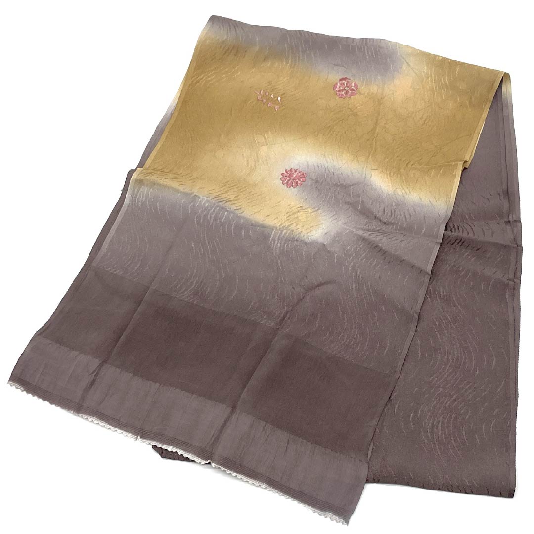 Semi-formal obiage (sash sash), pure silk, S-rank, Miyankonezuiro (Miyako-nezuiro) with floral embroidery and bush clover motifs, approximately 180cm long and 30.5cm wide, brown, product number 1136000932914