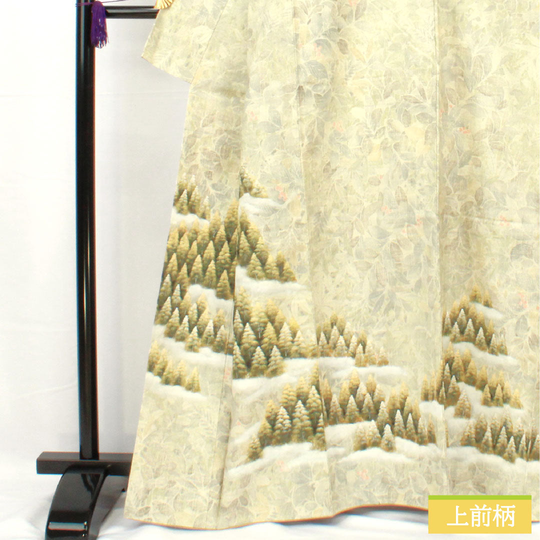 Homongi (formal kimono) made of pure silk, lined, length 163cm, sleeve length 65cm, steamed chestnut color, pongee fabric, landscape pattern, floral pattern, S rank, green, 1112005042419