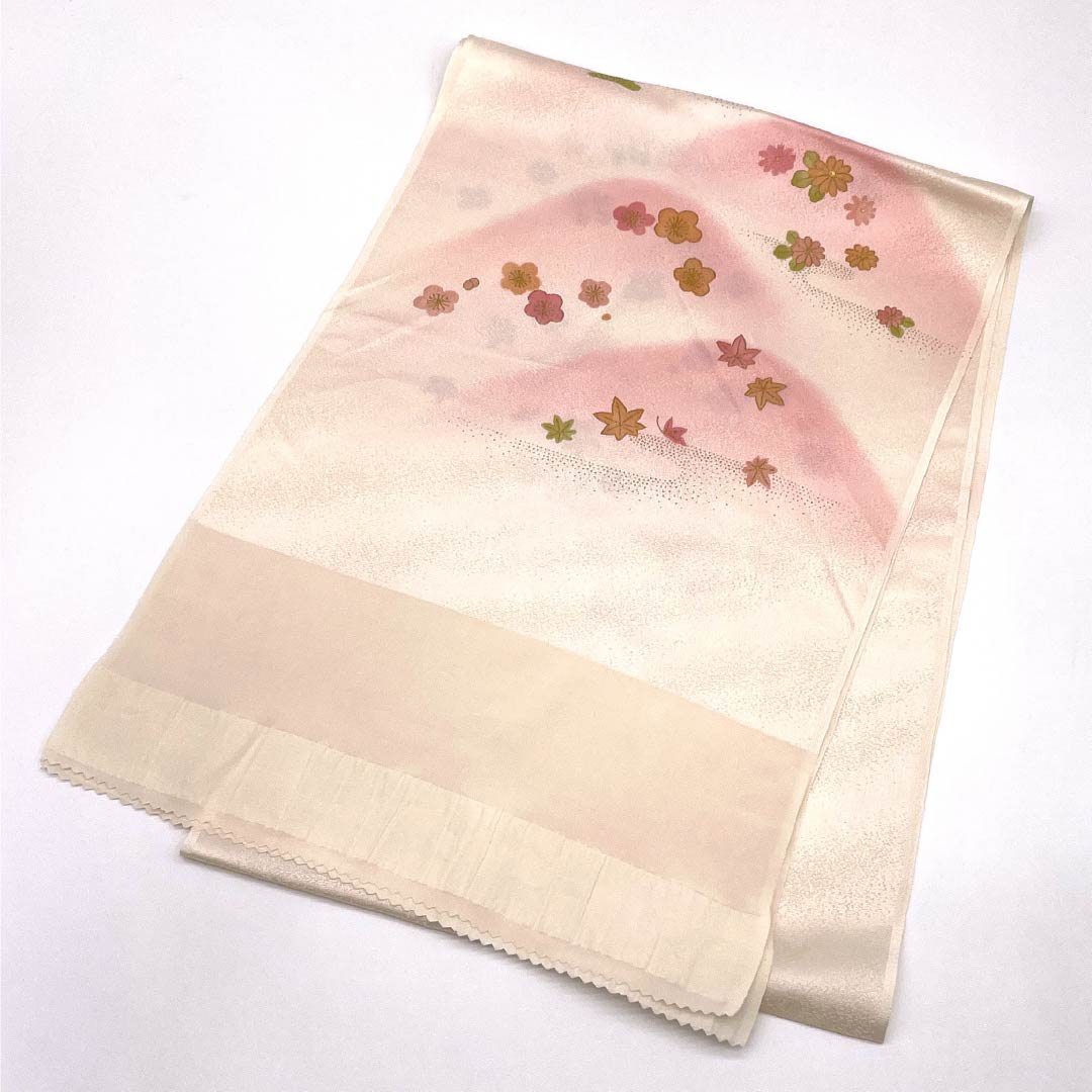 帯揚げ 正絹 Sランク セミフォーマル 翁茶色(おきなちゃいろ) 遠山 松竹梅 菊 長さ約174cm 幅約29cm ピンク系 1136002342913