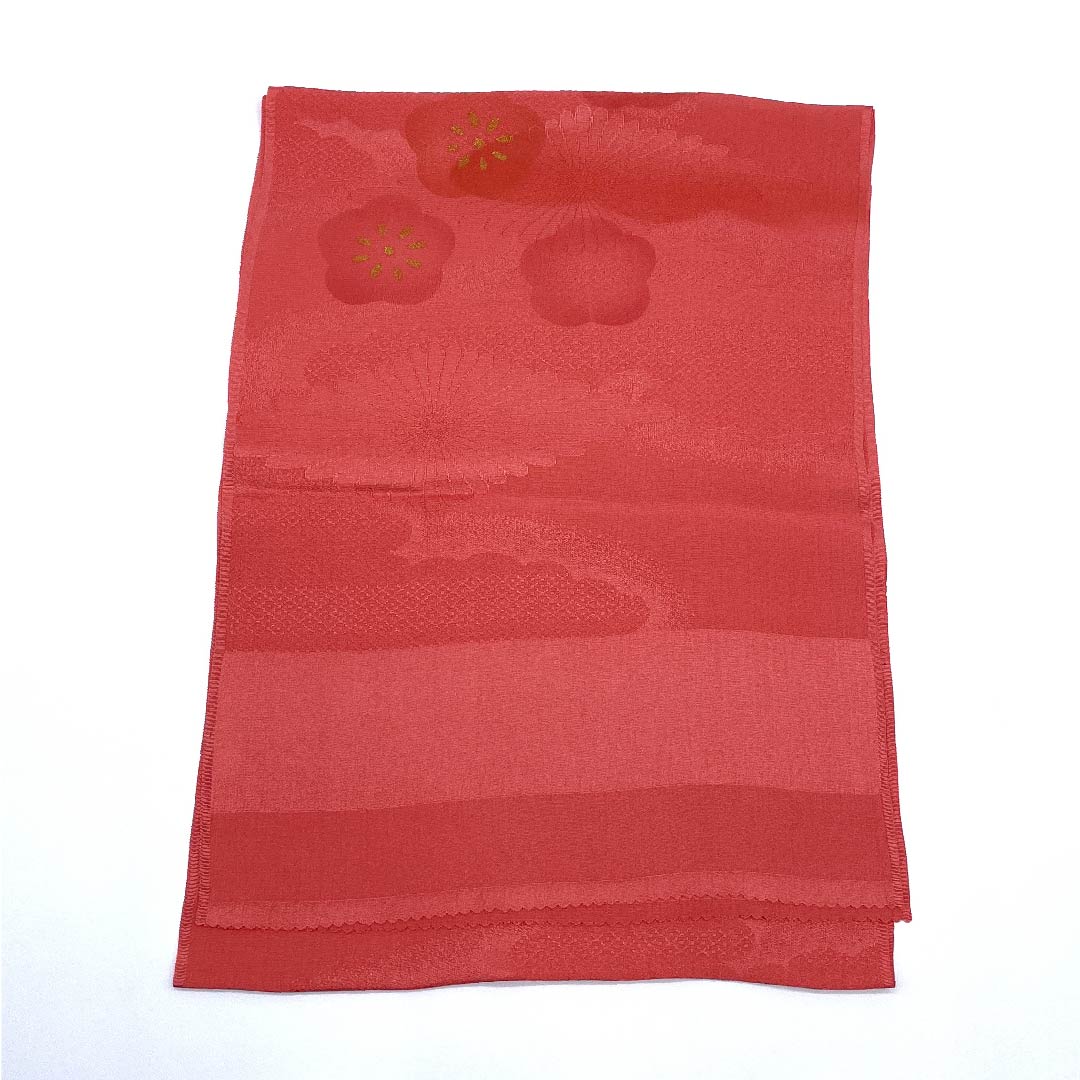 (新古品) 帯揚げ 正絹 フォーマル 甚三紅色(じんざもみいろ) 梅 菊菱 雲取り 長さ約168cm 幅約29.5cm Sランク 赤系 1136000132912