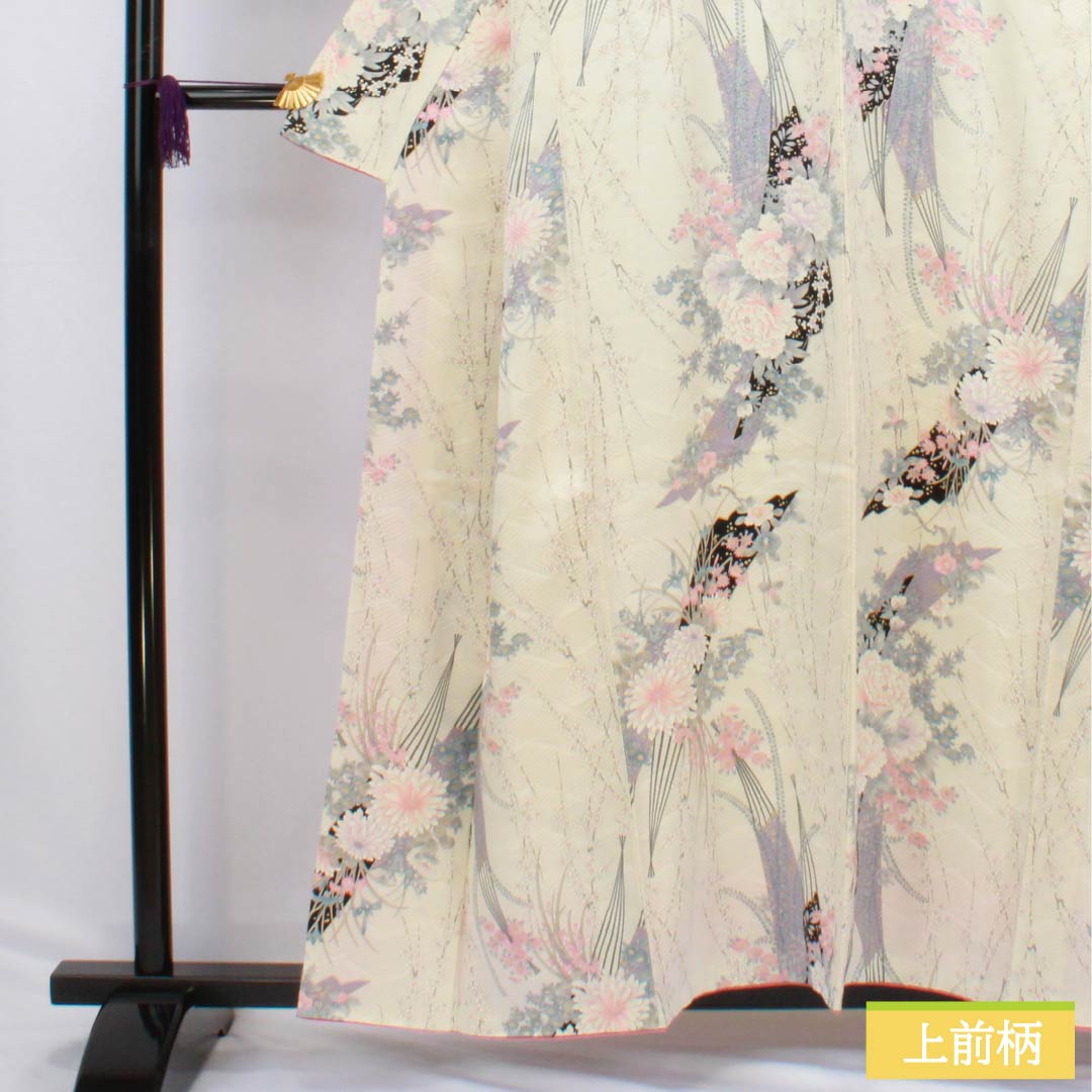 Komon (small pattern) kimono, pure silk, A-rank, length 157.5cm, sleeve length 65.5cm, lined, off-white, fan-shaped floral pattern, white, product number 1115006693311
