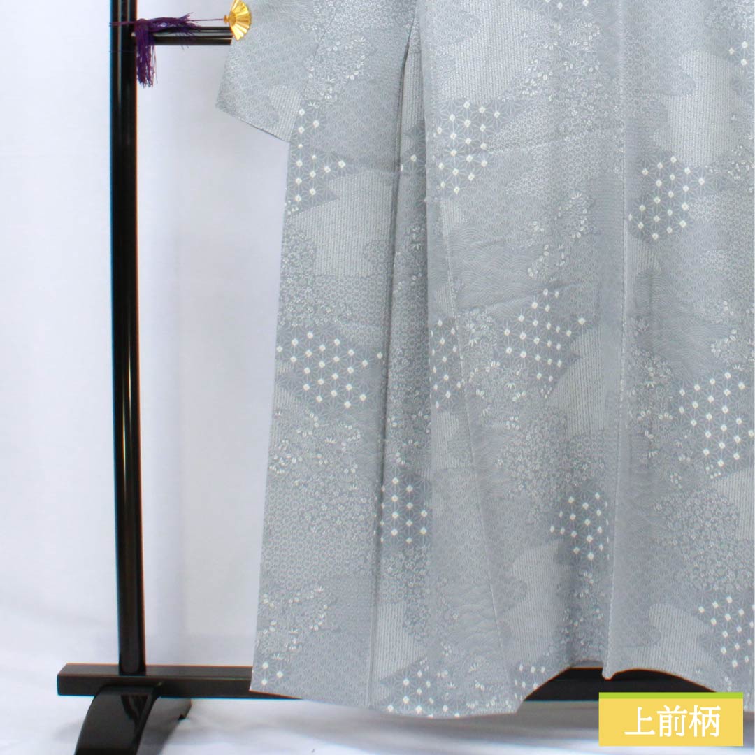 Komon (small pattern) kimono, pure silk, length 156cm, sleeve length 62cm, lined, light dull color (usunibiiro), stencil dyeing, shibori (shibori) and cloud pattern, classic pattern, S rank, gray, product number 1115006182322