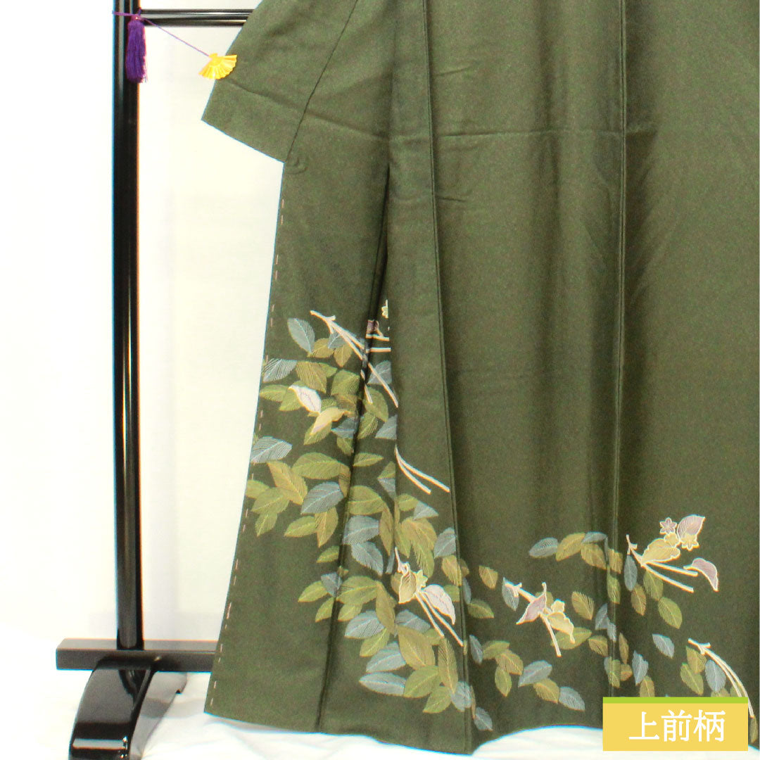 訪問着 ポリエステル 袷 身丈165cm 裄丈63cm 藍海松茶色(あいるみちゃいろ) 洗える着物 松葉 Aランク 緑系 1112005843519