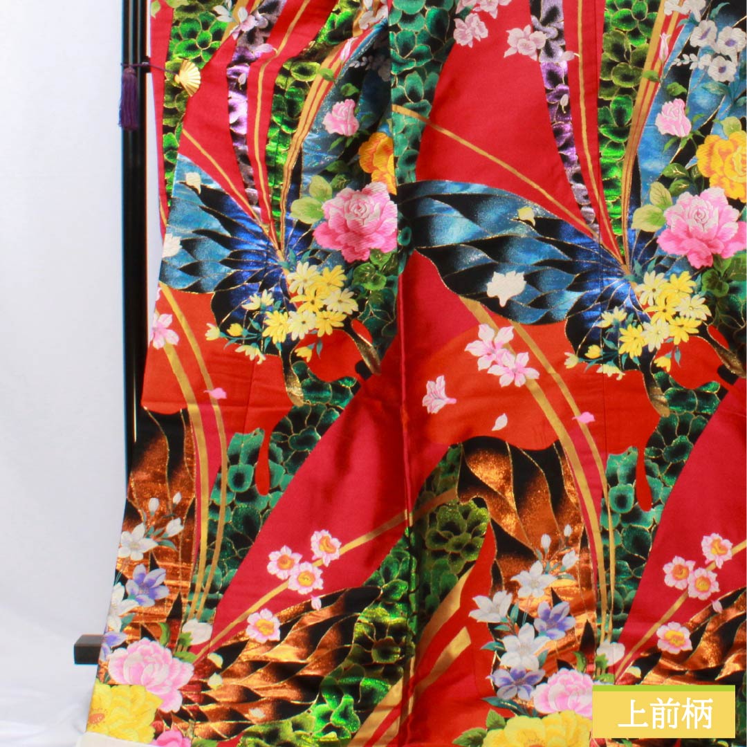 色打掛 正絹 Sランク 身丈188cm 裄丈67cm 真紅色(しんくいろ) 森英恵 HANAE MORI 唐織 蝶 袷 赤系 1110001102912