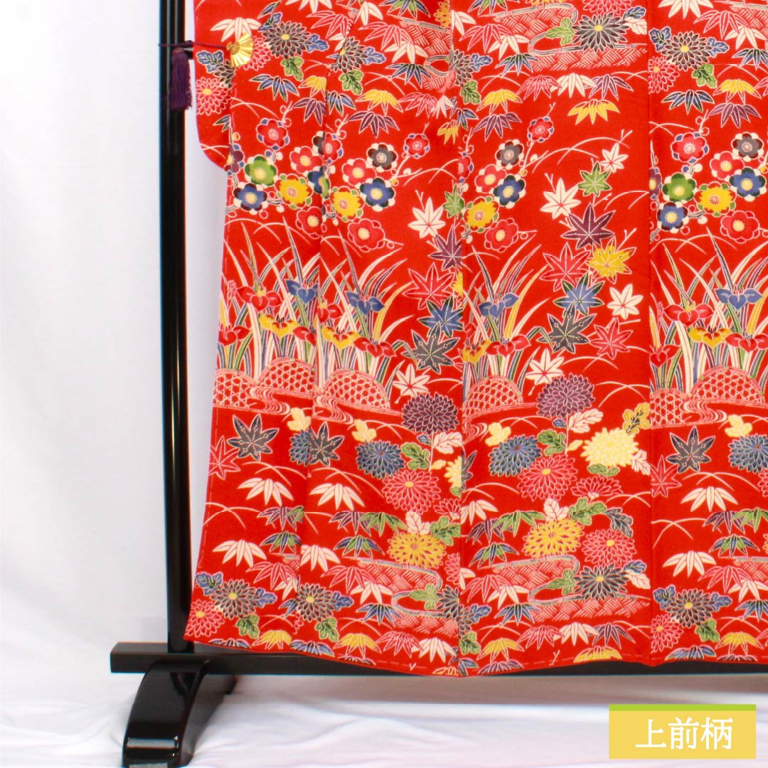Furisode (long-sleeved kimono) made of pure silk, grade A, length 158.5cm, sleeve length 66cm, lined, red, Kyoto Bingata pattern, auspicious motifs of plum blossoms, irises, and flowing water, red tones, product number 1113002633312