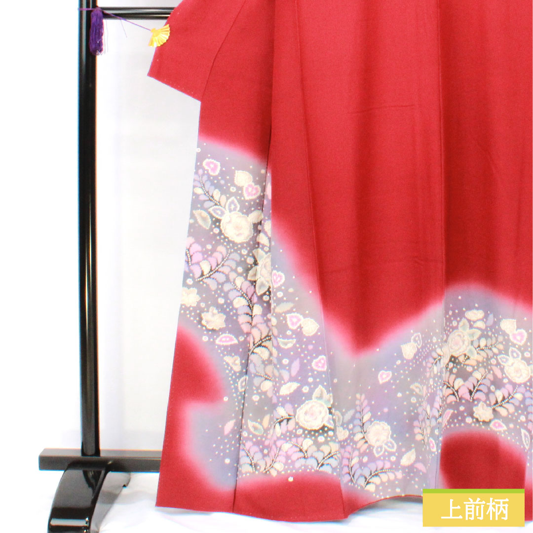 訪問着 正絹 袷 身丈163.5cm 裄丈64.5cm 臙脂色(えんじいろ) 辻ヶ花 Aランク 赤系 1112005823412
