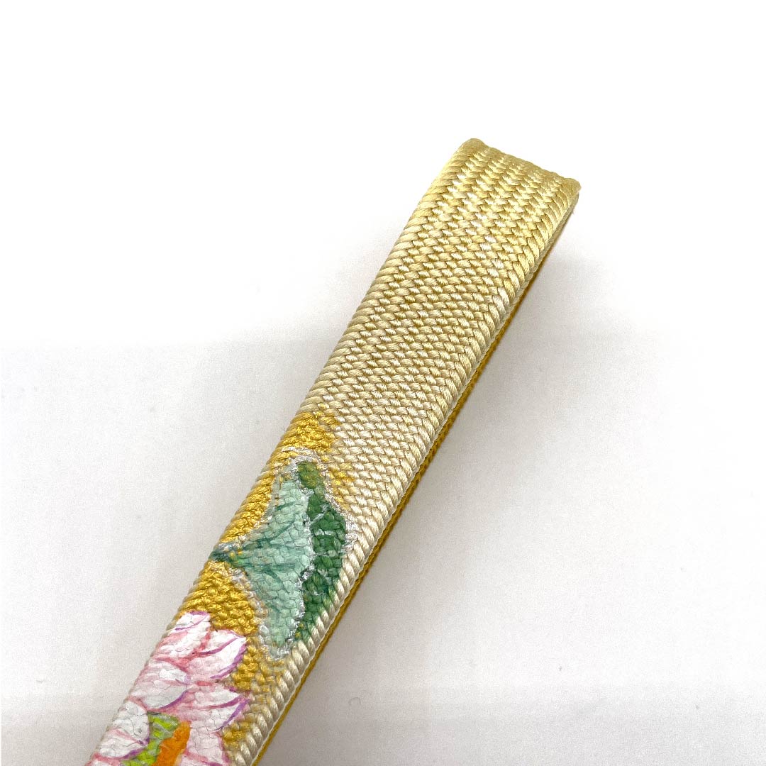 (New old stock) Silk obi-jime (sash fastener) - Straw color - Lotus - Hand-painted by Nakamura Katsuun - Length 165cm, Width 1.5cm - Semi-formal - S rank - Yellow 1135000182323